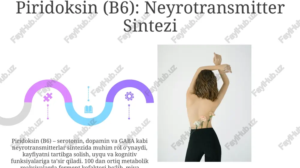 chlariga ta'sir qiladi a vitamini (retinol, retinal, retinoik kislota) ko'rish uchun muhim; kunlik tavsiya etilgan miqdori 1000-5000 mcg; yetishmasligi tun ko'rligi, xeroftalmiya (ko'z quruqligi) ga olib keladi, global miqyosda 250 million kishini, ayniqsa, saxara janubidagi afrika va janubiy osiyoda ta'sir qiladi vitaminlar haqida umumiy ma'lumot tanani faoliyati: a vitamini (retinol): ko'rish, immunitet; d vitamini (xolekaltsiferol): kaltsiyni o'zlashtirish, suyak salomatligi (quyosh nuri ta'sirida terida hosil bo'ladi; shimoliy iqlimda qo'shimchalar kerak); b12 vitamini (kobalamin): nerv faoliyati, qizil qon tanachalari hosil bo'lishi; hayvon mahsulotlarida uchraydi; veganlarda ko'pincha yetishmaydi. kamchiliklar va ortiqcha miqdorlar: yog‘da eriydigan vitaminlarning (a, d, e, k) ortiqcha iste’moli tufayli gipervitaminoz (toksiklik) mumkin; o‘ziga xos kamchilik kasalliklari: ko‘rlik (a vitamini), osteoporoz (d vitamini), megaloblastli anemiya (b12 vitamini), qon ketish (k vitamini) e'tiboringiz uchun rahmat @taqdimot_robot image4.jpg image5.jpg image6.jpg image7.jpg image8.jpg image9.jpg image10.jpg image11.jpg image12.jpg image13.jpg image14.jpg image15.jpg image16.jpg image17.jpg image18.jpg image19.jpg image20.jpg image1.jpeg image2.jpeg image3.jpeg