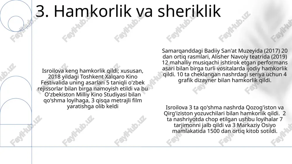 ertuarni kengaytirdi va avlodlarga ta'sir ko'rsatdi; samarqand va buxoroda taniqli dirijyorlar va orkestrlar bilan hamkorligi uning badiiy ifodasini boyitdi 11. ajoyib ijrolar e'tiboringiz uchun rahmat @taqdimot_robot image1.png image2.png image3.png image4.png image5.png image6.png image7.png image8.png image9.png image10.png image11.png image12.png