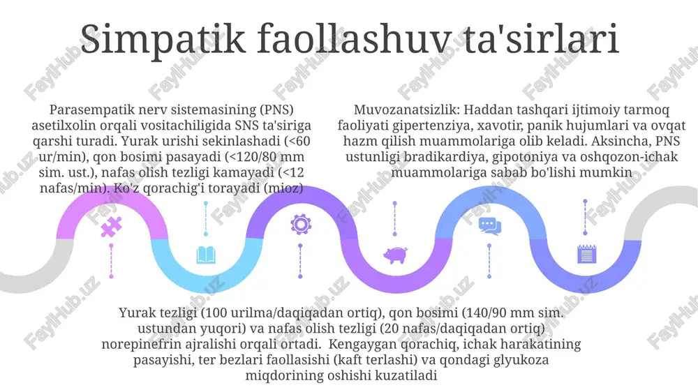 tlarini o'rganish turli ko'rinishlarni ochib beradi: postural ortotostatik taxikardiya sindromi (pots) yosh ayollarning 1-3%ini qamrab olib, turgan holatda 10 daqiqada yurak urish tezligining ≥30 bpm ga oshishi bilan tavsiflanadi (masalan, shimoliy amerika, yevropa) ovqat hazm qilish muammolari ansning muvozanatsizligini ko'rsatadi: irritable ichak sindromi (ibs) butun dunyo bo'yicha ~11% ni tashkil etadi va simpatik/parasimpatik o'zaro ta'sir orqali ichak harakatining o'zgarishini namoyish etadi. turli yosh va millatdagi bemorlarda qorin og'rig'i, shishiruvchi kabi turli alomatlar kuzatiladi ovqat hazm qilish muammolari ansning muvozanatsizligini ko'rsatadi: irritable ichak sindromi (ibs) butun dunyo bo'yicha ~11% ni tashkil etadi va simpatik/parasimpatik o'zaro ta'sir orqali ichak harakatining o'zgarishini namoyish etadi. turli yosh va millatdagi bemorlarda qorin og'rig'i, shishiruvchi kabi turli alomatlar kuzatiladi parasempatik nerv sistemasi: dam olish va hazm qilish ans ning psns va sns shoxchalari maqsadli organlarning o'zaro innervatsiyasi orqali gomeostazni saqlaydi simpatik nerv sistemasining (sns), "jang yoki qochish" sistemasining manbai ko'krak-bel umurtqa pog'onasining (t1-l2) segmentlaridir. preganglion neyronlari …