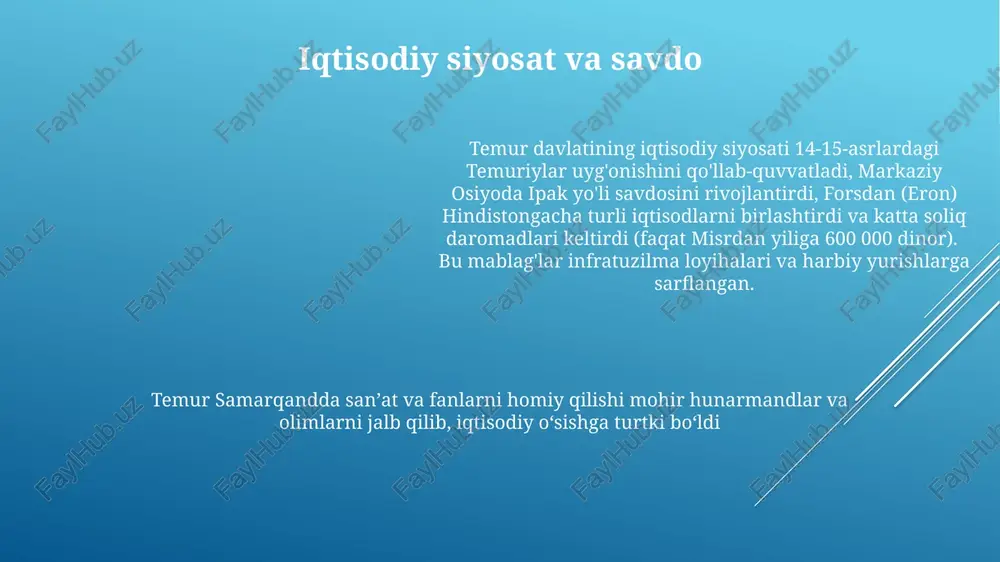 (turklar, moʻgʻullar, forslar va boshqalar) iborat yuqori malakali armiyasi mintaqaviy urushlarga avlodlar davomida ta'sir koʻrsatdi temuriylar sulolasining merosi samarqanddagi temur amaldorlik islohotlari va sanʼat va fanlarga homiyligi taʼsirida mintaqaning madaniy va siyosiy xarakterini shakllantirdi temur (1336-1405)ning eron, markaziy osiyo (samarqand), anadoli va rossiyaning ayrim qismlarini o'z ichiga olgan keng imperiyasi mintaqaviy kuchlar muvozanatini asrlar davomida o'zgartirib, temuriylar va o'zbeklar kabi voris davlatlarga ta'sir ko'rsatdi dinlar bag'rikengligi va siyosati temur davlati (xiv-xv asrlar) eron, markaziy osiyo va hindistonning ayrim qismlarini oʻz ichiga olgan boʻlib, tanlab qoʻllanilgan diniy bagʻrikenglik siyosatini amalga oshirgan samarqand, temur poytaxti, turli din me'morchiligi aks etgan ajoyib binolar bilan mashhur edi. lekin uning fathlari ko'pincha, dinidan qat'iy nazar, qarshilikni shafqatsiz bostirish bilan bog'liq edi. bo'ysundurilgan aholi bilan muomala ularning hamkorligi va tahdid darajasiga qarab sezilarli darajada farq qilardi temur turli din vakillaridan bo'lgan olimlar va rassomlarni homiy qilgani muayyan darajada bag'rikenglikni ko'rsatsa-da, harbiy yurishlari ulkan qirg'in va vayronagarchilikka …