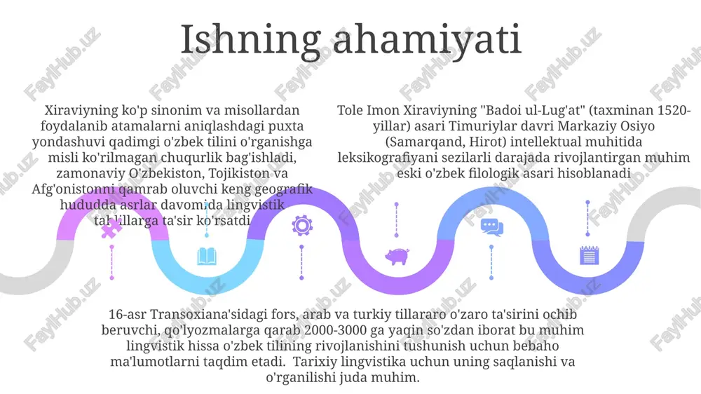 i. badoi ul-lug'atning madaniy konteksti temuriylar davri intellektual va badiiy yuksalishi bilan chambarchas bog'liq; asar o'zida olimlarga homiylik qilish va keng temuriylar imperiyasida turkiy tillarni saqlash va rivojlantirishga berilgan ahamiyatni mujassamlashtiradi tole' imon xiraviyning tilshunoslik mahorati "badoi ul-lug'at"da qadimgi o'zbek morfologiyasi, sintaksisi va semantikasi tafsilotlari bilan yaqqol ko'rinadi sales 1st qtr 2nd qtr 100 0 sales 1st qtr 2nd qtr 100 0 sales 1st qtr 2nd qtr 100 0 qadimgi o'zbek tili tarixi "badoi ul-lug'at" lug'ati (taxminan 1460-yilda tuzilgan) qadimiy o'zbek tilini, uning fonetik, morfologik va semantik xususiyatlarini qayta tiklashda tilshunoslar uchun bebaho ma'lumot beradi samarqandda, yirik madaniy markazda yozilgan bu filologik risola temuriylar davri intellektual hayotiga yoritadi. asar tuzilishi va tanlangan mavzular oʻsha davrning madaniy va intellektual ustuvorliklarini aks ettiradi tole imon xiraviyning xv asrga oid "badoi ul-lug'at" asari qadimgi o'zbek tilining muhim filologik yodgorligidir. "badoi ul-lug'at"ga kirish lug'at tuzilishi eski arabcha lug'atlarga o'xshaydi, so'zlar arab alifbosining o'zbekcha yozuvidagi …