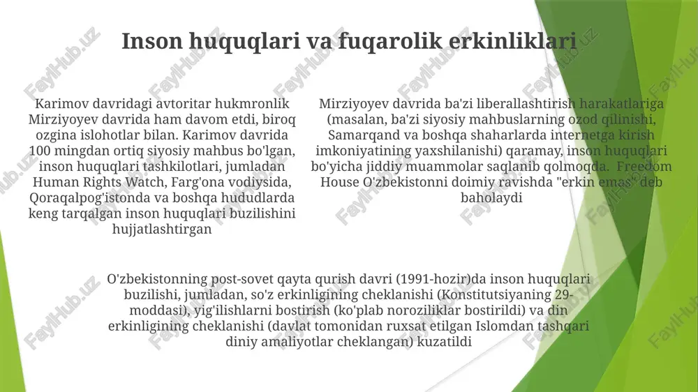 stonning post-sovet qayta qurish davri (1991-hozirgi kungacha) iqtisodiy liberallashtirish, 2000-yilga kelib 70% dan ortiq davlat korxonalarini xususiylashtirish va mustaqillikdan beri ~100 milliard dollarlik xorijiy investitsiyalarni jalb qilish bilan tavsiflanadi, bu toshkent va farg'ona vodiysi kabi hududlarga sezilarli ta'sir ko'rsatdi dastlabki islohot urinishlari va qiyinchiliklar o'zbekistonning ijtimoiy-siyosiy manzarasi: tezlashtirilgan industrializatsiya (1930-yillar) shaharlarga ko'chishga olib keldi; siyosiy tozalash intellektuallar, elitalarga ta'sir qildi; an'anaviy urf-odatlar madaniy jihatdan bostirildi; sovet uslubidagi byurokratiya o'sdi; diniy muassasalar bostirildi. 1920-1930-yillardagi o'zbekistonda kollektivlashtirishga qarshilik bo'ldi; dekulaksatsiya oqibatida 100 minglab odam ko'chirildi; zo'ravon bostirish; toshkent, samarqand, buxoro shaharlarida tartibsizliklar kuzatildi; yer islohotlari paxta yetishtirishga ta'sir ko'rsatdi. 1920-yillardagi dastlabki sovet islohotlari modernizatsiya, yer taqsimotini maqsad qilgan; an'anaviy hokimiyat tuzilmalari tomonidan qarshilikka duch kelgan; basmachi qo'zg'oloni (farg'ona vodiysida, buxoroda); milliy tuyg'u; sanoatlashtirishning chegaralanganligi; ocharchilik qishloq joylariga ta'sir qilgan. iqtisodiy liberalizatsiya va xususiylashtirish xususiylashtirish yangi tadbirkor va oligarxlar sinfini, ularning ba’zilari hukumat bilan yaqin aloqada bo‘lib, paydo qildi, ko‘plab davlat korxonalari esa …