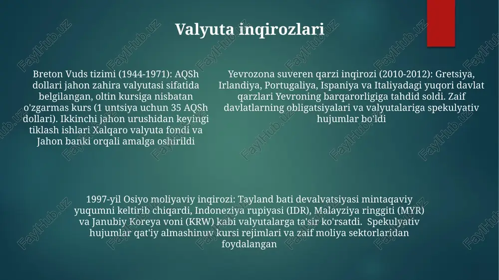 ndi (xvf) valyuta kursi taklif va talabga qarab o'zgarib turadi, savdo raqobatbardoshligiga (masalan, aqsh-xitoy savdo urushiga) ta'sir qiladi, import/eksport narxlariga, inflyatsiya va iqtisodiy o'sishga ta'sir qiladi valyuta munosabatlari kurs rejimlari (qattiq, suzuvchi, boshqariladigan), savdo balanslari (masalan, aqsh dollari, yevro, yen), inflyatsiya farqlari (masalan, xitoy yuani) va kapital oqimlari (masalan, london, nyu-york moliya markazlari) ta'sirida bo'ladi boshqariladigan suzuvchi rejimlar ko'pgina g7 davlatlari (masalan, kanada, yaponiya) tomonidan qo'llaniladigan boshqariladigan suzuvchi rejimlar markaziy bankning valyuta kurslariga ma'lum bir diapazonda ta'sir o'tkazish uchun aralashuvini o'z ichiga oladi, bu esa savdo balanslari va kapital oqimlariga ta'sir qiladi valyuta kurslari (masalan, usd/gbp, eur/jpy) valyutalarning nisbiy qiymatini aks ettiradi xalqaro valyuta munosabatlari, imf va bmt kabi institutlar tomonidan boshqariladi, global moliyaviy barqarorlik uchun muhim ahamiyatga ega. bretton-vuds tizimi (1944-1971) aqsh dollarini tayanch valyuta sifatida belgilagan; uning qulashi suzuvchi kurslarga o'tishga olib keldi valyuta ayirboshlash bozori imf va markaziy banklar (masalan, federal rezerv, yevropa markaziy banki) xalqaro valyuta …