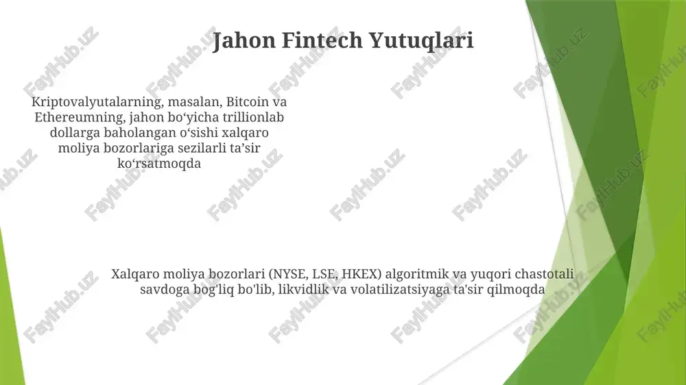 i va tartibga soladi valyuta bozori (forex yoki fx) jahon valyutasi savdosini ta'minlaydi, 2019-yilda kunlik hajmi 6,6 trillion dollarni tashkil etgan valyuta bozori (forex yoki fx) jahon valyutasi savdosini ta'minlaydi, 2019-yilda kunlik hajmi 6,6 trillion dollarni tashkil etgan tovar futureslari va narxlari xalqaro moliyaviy bozorlar o'zaro bog'liq. tovar fyucherslari narxlari va xalqaro moliya bozori samaradorligi chambarchas bog'liq. masalan, inflyatsiyaning oshishi ko'pincha tovar narxlarini oshiradi, bu korxonalarning xarajatlariga va aktsiyalar bahosining o'zgarishiga ta'sir qiladi suveren boylik fondlari davlat boylik fondlarining (dbf) infratuzilma loyihalariga (masalan, xitoydagi yuqori tezlikli temir yo'l, yevropadagi qayta tiklanadigan energiya) va xususiy kapitalga (silicon valley, london) investitsiyalari global iqtisodiyotni o'zgartirmoqda xalqaro moliya bozorlari (valyuta bozori (usd, eur, gbp, jpy), aktsiyalar (nasdaq, shanxay fond birjasi, ftse 100) va derivativlar) davlat suveren boylik fondlari (dsbf) faoliyati ta’sirida norvegiyaning davlat pensiya fondi globali ($1.3 trillion aktivlar) kabi suveren boylik fondlari (sbflar) neft va gaz daromadlaridan katta zaxiralarni boshqarib, xalqaro moliya bozorlariga, …