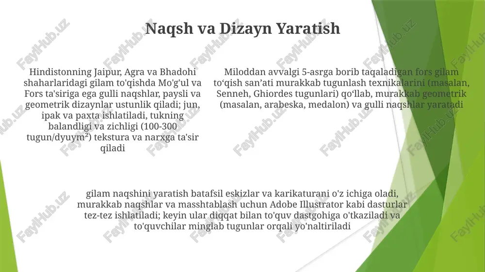 ga oladi zamonaviy gilam dizaynlari turli materiallarni (viskoza, polipropilen va boshqalar), ishlab chiqarish usullarini (mashina yordamida va qo'lda to'qilgan) hamda badiiy uslublarni (zamonaviy, abstrakt, minimalist) o'z ichiga oladi gilamda bo'yash va ranglar nazariyasi materiallar va ularning manbalari sifat baholash va baho berish kashan qo'lda to'qilgan fors gilamlarining sifat bahosida 10 ballli tugun zichligi tekshiruvi, 20% tuk balandligi farqi chegarasi va haqiqiyligini aniqlash uchun 3 rangli ip tahlili muhim rol o'ynaydi, bu esa qiymatga sezilarli ta'sir ko'rsatadi. materiallar: ipak, sharqiy anadolu junlari. baho yoshiga (masalan, 17-asr tabriz gilamlari qimmatroq), tugun turini (ghiordes va senneh tugunlari) va antik gilamlar uchun 5-7% qabul qilinadigan nuqsonlar darajasiga bog'liq. london va nyu-yorkdagi kim oshdi savdo uylari bozor tendentsiyalarini belgilaydi. ekspert baholashda 15-20 kattalashtirilgan rasm tahlil qilinadi, boʻyoq mustahkamligi (1-5 ball shkalasi boʻyicha), naqsh murakkabligi (masalan, medalon yoki gulli) va holati (yirtilish, taʼmirlash; 20% gacha ruxsat etilgan eskirish) oʻrganiladi. hisobotda topilmalar 3-5 sahifada batafsil bayon etiladi. …