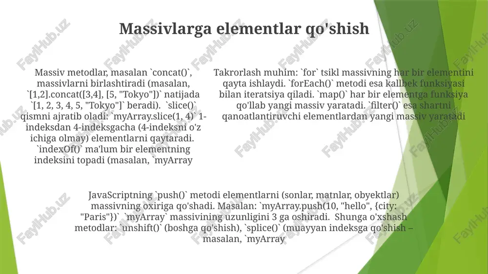 a `myarray.splice(2, 1, 'newelement')` 2-indekstan boshlab bitta elementni o'chiradi va 'newelement' ni qo'shadi). massiv metodlari umumiy ko'rinishi massiv metodlarining xotiraga ta'siri: `push()`, `unshift()` va `splice()` kabi operatsiyalar massivni o'zgartiradi. `slice()` va `map()` esa yangi massivlar yaratadi, ko'proq resurs sarflaydi amaliy massiv metodlar qo'llanilishi: "shoppingcart" massivi ["sut", "tuxum", 2, "non", 1.99] elementlarini saqlaydi. `filter()` narxlari (sonlari) bo'lgan elementlarni ajratib oladi; `map()` narxlarga sotish solig'ini qo'llaydi; `reduce()` umumiy hisobni hisoblaydi; `splice()` elementlarni qo'shadi yoki o'chiradi javascript massivlar: `[1, "olma", 3.14, rost]` kabi ma'lumot tuzilmalarini `push()` (oxiriga element qo'shadi – masalan, `myarray massiv e'lon qilish va boshlang'ich qiymati berish massiv metodlar (tilga bog'liq): java'da `arrays.sort(scores)` massivni o'suvchi tartibda saralaydi. python ro'yxatlari `.append()`, `.insert()`, `.remove()`, `.pop()` kabi o'rnatilgan metodlarga ega bo'lib, moslashuvchan manipulyatsiyani ta'minlaydi. massiv ichida qidirish ko'pincha tsikllar yoki java'ning `arrays.binarysearch()` (saralangan massiv talab etiladi) yoki python'ning `scores java, c++ va python da massivni to'g'ridan-to'g'ri qiymatlar bilan boshlash. java da `int[] numbers = …