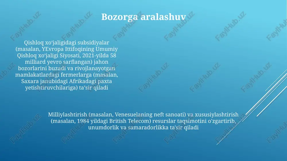 xiralari, xitoyning davlat elektr tarmoqlari korporatsiyasi) nazorat qilib, milliy iqtisodiyotda hukmron rol o'ynaydi iqtisodiy barqarorlashuv reglament davlat tartibi 3 asosiy sohaga ta'sir qiladi: moliya (sec qoidalari, dodd-frank qonuni), energetika (epa standartlari, opecning ishlab chiqarish kvotalari) va sog'liqni saqlash (arzon tibbiy yordam to'g'risidagi qonun, fda dorilarini tasdiqlash; faqat kaliforniyada ~30 million amerikaliklarga ta'sir qiladi) pul-kredit siyosati pul-kredit siyosati vositalari (masalan, 2023 yilda federal fondlar stavkasi 0,25%-0,5%), inflyatsiyaga ta'sir qilib, aqsh yaimiga (prognoz 2,1% o'sish) ta'sir qiladi. federal rezerv (fed) tomonidan miqdoriy yumshatish (my) likvidlikni oshiradi davlat aralashuvi: xitoyning 5 yillik rejalari, strategik sohalarga to'g'ridan-to'g'ri investitsiyalar ("bir kamar, bir yo'l" tashabbusi – 1 trillion dollar), va davlat korxonalari iqtisodiy o'sishni sezilarli darajada shakllantiradi soliq siyosati (yeida qqs, aqshda sotish solig'i) iste'molchilar xulq-atvoriga va investitsiyalarga ta'sir qiladi. davlat tartibi (masalan, buyuk britaniyada energetika sektoriga ta'sir qiluvchi ekologik qoidalar) firmalar uchun xarajatlar va foydalarni yaratib, unumdorlik va raqobatbardoshlikka ta'sir qiladi byudjet siyosati davlat aralashuvi, …