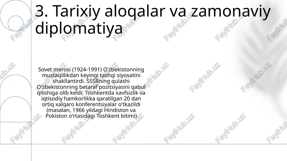 iroki orqali, barqaror rivojlanish maqsadlariga (brm) va mintaqaviy xavfsizlikka e’tibor qaratib hamkorlik qiladi o'zbekiston 2017 yildan beri shanxay hamkorlik tashkiloti (shht) a'zosi bo'lib, uning xavfsizlik va iqtisodiy tashabbuslarida, jumladan, 2022 yildagi shht samarqand sammitida faol ishtirok etadi va markaziy osiyo mintaqaviy barqarorligi hamda trans-xazar xalqaro transport yo'lagi (txty) kabi savdo yo'llariga ta'sir ko'rsatadi 13. o'zbekistonning mintaqaviy tashkilotlardagi roli o'zbekistonning tashqi siyosati mintaqaviy barqarorlikka, ko'p tomonlama hamkorlikni rivojlantirishga (shht, mht, islom hamkorlik tashkiloti) ustunlik beradi afganistondagi xavfsizlik muammolari o'zbekistonni bevosita ta'sir qiladi. xalqaro hamkorlar (aqsh, rossiya) bilan chegarani boshqarish va terrorizmga qarshi kurashda hamkorlik mintaqaviy barqarorlik uchun muhim oʻzbekiston – markaziy osiyodagi quruqlik davlati (41.37° n, 64.59° e), afgʻoniston, qozogʻiston, qirgʻiziston, tojikiston va turkmaniston oʻrtasida strategik ahamiyatga ega boʻlib, oltin, uran va tabiiy gazning ulkan zaxiralari tufayli jahon energetika xavfsizligi va resurs bozorlariga taʼsir koʻrsatadi 14. o'zbekistonning geosiyosiy ahamiyati o'zbekistonning samarqand registon maydoni, buxoro poy kalyan majmuasi va xiva ichon qal'asi …