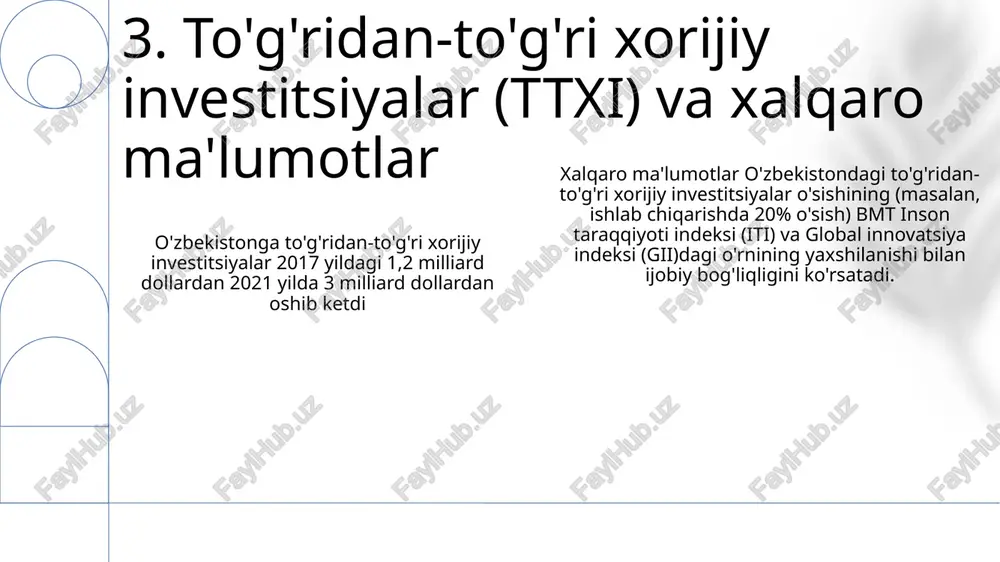 radi. bu statistikalar global raqobatbardoshlik hisobotlariga (jah jahon raqobatbardoshligi indeksi va boshqalar) ta'sir qiladi 11. ta'lim sifati va global baholar samarqand va toshkentdagi tadbirkorlik ruhi va turizm orqali xorijiy aloqalar raqobatbardoshlikka ijobiy ta'sir ko'rsatadi. biroq, byurokratik to'siqlar, davlat idoralari korruptsiyasi va ba'zi sohalarda malaka yetishmasligi kabi muammolar global mavqeyini 5 yil ichida mustahkamlash uchun doimiy e'tibor talab etadi. o'zbekistonning jahon raqobatbardoshlik indeksi (jri) reytingi 2017 yildagi 95-o'rindan 2023 yilda 70-o'ringa ko'tarildi. bu infratuzilma rivojlanishi, markaziy osiyodagi mintaqaviy ta'siri va raqamlashuv kabi omillarga ta'sir ko'rsatuvchi iqtisodiy islohotlarni aks ettiradi jahon iqtisodiy forumi (jif) hisobotlari o'zbekistonda makroiqtisodiy barqarorlik, inson kapitalining rivojlanishi (ta'lim va sog'liqni saqlash darajasi bo'yicha) hamda texnologik tayyorgarlikning yaxshilanishini ta'kidlaydi 12. jahon raqobatbardoshlik hisoboti ma'lumotlari o'zbekistonning biznes yuritish qulayligi reytingi 2017-yildagi 167-o'rindan 2020-yilda 69-o'ringa ko'tarildi jahon bankining "biznes yuritish" hisobotlari o'zbekistonning biznes boshlash (jarayonlar 9 tadan 2 taga qisqargan), qurilish ruxsatnomalari va chegaralararo savdo sohalaridagi taraqqiyotini ta'kidladi – bu markaziy …