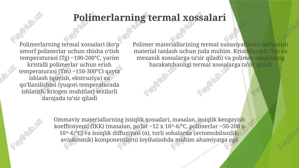 shqacha ta'sir qiladi polimerlarning parchalanish mexanizmlari (masalan, zanjir uzilishi, o'zaro bog'lanish) ommaviy materiallar parchalanishidan (masalan, oksidlanish, korroziya) farq qiladi. florida quyoshi ostida pvx kabi polimerlar po'latdan tezroq parchalanadi amorf polimerlar (masalan, pmma, polistirol) shisha o'tish haroratiga (tg) ega bo'lib, ularning xossalariga ta'sir qiladi (masalan, polistirolning tg ≈100°c), kristall moddalar esa aniq erish nuqtasiga ega (masalan, alyuminiyning erish nuqtasi ≈660°c) e'tiboringiz uchun rahmat @taqdimot_robot