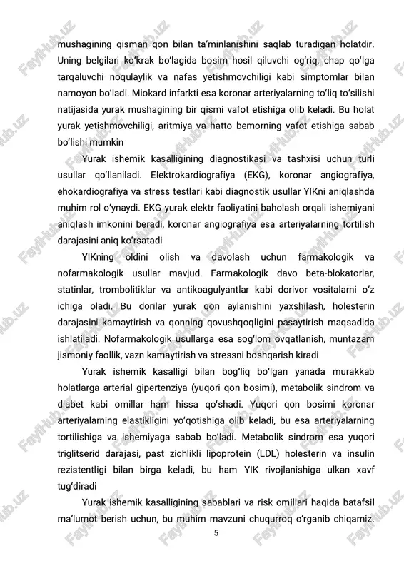 elishida muhim rol o‘ynaydi. agar oilada yurak-qon tomir kasalliklari bo‘lgan bo‘lsa, unda boshqa a’zolar ham shu kasallikka chalingan bo‘lishi ehtimoli yuqori. genetik omillar yurak mushaklarining strukturasi, qon tomirlarining elastikligi va metabolizm jarayonlarini ta’sir qilishi mumkin. shuningdek, genetik omillar orqali organizmning yog‘ almashinuvi va qon bosimi tartibga solinishi ham ta’sir qilishi mumkin irsiy moyillik bilan birga, ba’zi genetik mutatsiyalar ham yurak ishemik kasalligiga olib kelishi mumkin. masalan, ldl holesterin darajasini boshqarishga oid genlar buzilishi natijasida yuqori holesterin darajasi rivojlanishi mumkin. bu esa arteriyalarda yog‘ birikmalarini shakllantirib, koronar arteriya kasalliklariga olib keladi yurak ishemik kasalligining boshqa risk omillari yuqori qon bosimi (arterial gipertenziya) — bu yurak ishemik kasalligining yana bir asosiy risk faktoridir. qon bosimining uzluksiz ko‘tarilishi koronar arteriyalarga qo‘shimcha yuklama beradi va ularda elastiklikning yo‘qolishiga olib keladi. natijada, arteriyalar devorlari qalinlashib, qon oqimi chegaralanadi. bu holat miokard ishemiyasini chaqirib chiqarishi mumkin diabet ham yurak ishemik kasalligining katta risk faktoridir. diabet bilan …