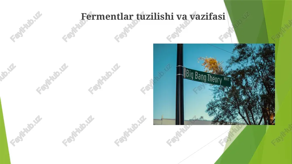 t, metall ion katalizi) orqali tushuntiriladi; o'tish holatini barqarorlashtirish aktivlanish energiyasini (ea) pasaytiradi; misollarga kovalent katalizdan foydalanadigan ximotripsin (serin proteaza) va metall ion katalizidan foydalanadigan karbonik anhidraza (sink fermenti) kiradi. mihaelis-menten kinetikasi ferment-substrat oʻzaro taʼsirini (km, vmax) tezlik tenglamalari yordamida tasvirlaydi; fermentning faol markazlari substratlarni (masalan, glikolizdagi geksokinaza va glyukoza) bogʻlaydi va ferment-substrat komplekslarini hosil qiladi; katalitik samaradorlik (kcat/km) aylanish sonini va substratga yaqinlikni aks ettiradi. o'tish holati nazariyasi ferment katalizi reaksiyalarni (10⁶-10¹²) marta tezlashtiradi, yaqinlik va yo'nalish effektlari, kislota-asos katalizi (masalan, ximotripsinning serin qoldig'i), kovalent kataliz (masalan, atsetatsetat dekarboksilazasi faol markazida vaqtinchalik kovalent bog'lanish hosil bo'lishi) va zo'riqish/deformatsiya (masalan, ferment-substrat bog'lanishining substrat konformatsiyasini o'zgartiruvchi moslashuvi) mexanizmlari orqali o'tish holati nazariyasi (ohn) reaksiya tezliklarini potentsial energiya yuzasidagi egar nuqtasida yuqori energiyali o'tish holatlari (oh) hosil bo'lishi orqali tushuntiradi. aktivlash energiyasi (ea) tezlikni belgilaydi, uni katalizatorlar ko'pincha pasaytiradi e'tiboringiz uchun rahmat @taqdimot_robot image1.jpg image2.jpg image3.jpg image4.jpg image5.jpg image6.jpg image7.jpg image8.jpg image9.jpg …