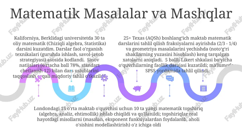 ikdagi faoliyatlarga (o'rtacha 15 minut) ta'sir ko'rsatgan algebra ii (3-dars, northwood oʻrta maktabi)da oʻquvchilarning faolligi (72%) 4-boʻlim baholari boʻyicha (n=30) muammo yechish aniqligining 25% ga oshishi bilan bogʻliq edi. faol ishtirok (ogʻzaki javoblar, doskaga yozuvlar) kuzatish roʻyxati orqali oʻlchandi. sales 1st qtr 2nd qtr 100 0 sales 1st qtr 2nd qtr 100 0 sales 1st qtr 2nd qtr 100 0 muammo yechish va mantiq kuzatuv qobiliyati ma'lumotlar tahlili uchun juda muhim (masalan, londonlik 1000 respondentdan olingan so'rov natijalarining statistik tahlili) masala yechish turli kontekstlarda (fizika masalalari, moliyaviy modellashtirish, nyu-yorkdagi arxitektura uchun 3d fazoviy mantiq) turli matematik usullarni (algebra, geometriya, analiz) qo'llashni talab qiladi topilmalar va muhokama sinf xonalarini kuzatish (n=25) va o'quvchilar bilan suhbatlar (n=30) o'qituvchi-o'quvchi o'zaro munosabatlarining ahamiyatini ta'kidladi uchta maktabda (oakwood boshlang'ich, riverview o'rta va central o'rta) kuzatilgan 25 ta 6-sinf matematika darsining sifat tahlili o'qitish metodlari (asosan ma'ruza asosidagi (15 ta dars) va faoliyat asosidagi (10 ta …