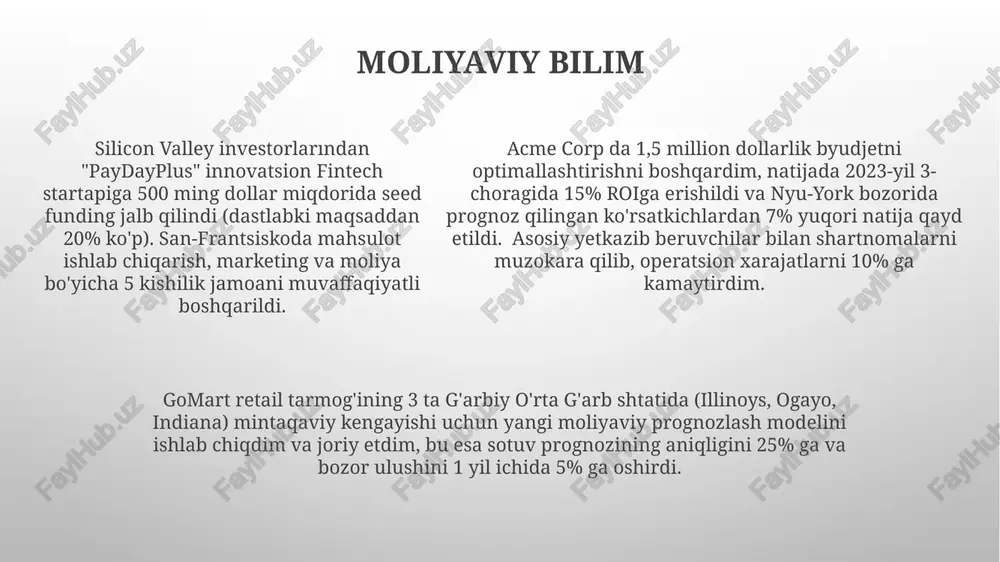 obodonlashtirildi va axlat miqdori 40% ga kamaydi. filadelfiya bolalar kasalxonasida 100 soatdan ortiq ko'ngilli bo'lib, 25 ga yaqin bolalarga san'at va hunarmandchilik hamda repetitorlik dasturlarida yordam berdim, 2023-yilda bemorlarning 98% qoniqish darajasi erishildi. 2022-yilda springfildda oziq-ovqat yig'ish kampaniyasini boshqardim, 150 oila uchun 500 funt mahsulot to'pladim; 3 mahalliy xayriya tashkiloti bilan hamkorlik qilib, dastlabki maqsaddan 20% oshiq natijaga erishdik. mentorlik va rahbarlik visa'da firibgarlikni aniqlash bo'yicha yangi algoritm ishlab chiqishda 10 kishilik jamoaga rahbarlik qildim, natijada firibgarlik operatsiyalari 15% ga kamaydi (2022 moliyaviy yili). 3 jamoa a'zosini 2 yil ichida yuqori lavozimlarga muvaffaqiyatli tayyorladim. loyiha uchun 2 million dollar mablag' jalb qildim. stanford universitetida 7 nafar phd talabani tayyorladi, natijada eng nufuzli jurnallarda (nature, science) 5 ta maqola chop etildi. 2 talabani harvard va mitda doktoranturaga muvaffaqiyatli tayyorladi. talabalarning grant arizalarini 30% ga yaxshilash orqali 1,5 million dollar mablag' jalb qildi. googleplex, mountain view, ca da 5 nafar kichik muhandisni …