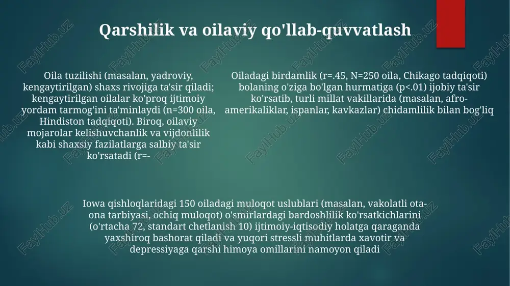 o oilalar yoki hindistondagi kengaytirilgan oilalar) shaxsiyat xususiyatlariga (masalan, xushmuomala, asabiylashish) sezilarli ta'sir ko'rsatadi ilova nazariyasi va erta bolalik temperament, tug'ma xususiyat bo'lib, hissiy reaksiya va o'zini tarbiyalashga ta'sir qiladi, ota-ona tarbiyasi uslubi bilan o'zaro ta'sirda shaxsni shakllantiradi. qiyin temperament (asabiylashish, hissiy zo'riqish) hatto eng javobgar ota-onalarni ham qiynashi mumkin, agar ota-onalar strategiyasini o'zgartirmasa, xavfsiz bog'lanishga olib kelmasligi mumkin erta bolalik davrida (0-5 yosh) oilaviy munosabatlar (masalan, ota-onalarning mehr-muhabbati, nizolar darajasi, aka-uka va opa-singillar o'rtasidagi munosabatlar) shaxsiyat rivojlanishiga sezilarli ta'sir ko'rsatadi kengaytirilgan oila ta'siri london yoki nyu-york shaharlaridagi oilalardagi epigenetik markerlar (masalan, ijtimoiy-iqtisodiy ahvol, travma, ota-onalarning stress darajasi) gen ekspressiyasini o'zgartirib, muhim rivojlanish bosqichlarida (0-5, 10-15 yosh) shaxsiyat xususiyatlariga (masalan, tashvish, bardoshlilik) ta'sir qiladi va keyingi 3 avlodga transgeneratsion ta'sir ko'rsatadi. oilaviy munosabatlar (masalan, aka-uka munosabatlari, ota-ona tarbiya uslublari – avtoritar, avtoritar bo'lmagan, erkin, beparvo), 3 avloddan ortiq oilalarda shaxsiyat xususiyatlariga (masalan, nevrotizm, ekstraversiya, mehr-oqibatlilik) g'arb (aqsh, kanada) va sharq …