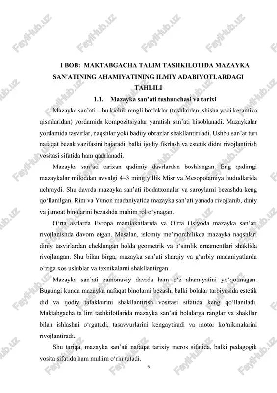 om madaniyatida diniy tasvirlar cheklangan bo‘lgani sababli, mazayka naqshlari geometrik va o‘simlik ornamentlari shaklida yaratilgan. shu bilan birga, mazayka san’ati me’morchilikda, masjid va madrasalarni bezashda keng qo‘llanilgan. o‘rta osiyoda ham mazayka san’ati madaniy meros sifatida qadrlanib, binolarni bezash va ichki interyerlarni go‘zallashtirishda ishlatilgan. zamonaviy davrda mazayka san’ati o‘z ahamiyatini yo‘qotmagan. bugungi kunda mazayka asarlari nafaqat bezak va dekorativ san’at sifatida ishlatiladi, balki pedagogik vosita sifatida ham keng qo‘llaniladi. maktabgacha ta’lim tashkilotlarida mazayka san’ati bolalarga ranglar, shakllar va teksturalar bilan ishlashni o‘rgatadi, tasavvurini kengaytiradi, ijodiy tafakkur va motor ko‘nikmalarini rivojlantiradi. shunday qilib, mazayka san’ati nafaqat tarixiy meros va badiiy ifoda vositasi, balki maktabgacha yoshdagi bolalarda ijodiy va estetik ko‘nikmalarni rivojlantirishda muhim pedagogik ahamiyatga ega san’at turi hisoblanadi. mazayka san’ati – bu kichik rangli bo‘laklar, masalan, shisha, tosh, keramika yoki boshqa materiallardan foydalanib tasvir va naqshlar yaratish san’ati hisoblanadi. mazayka yordamida yaratilgan asarlar nafaqat bezak, balki pedagogik ahamiyatga ega bo‘lib, bolalarda ijodiy …