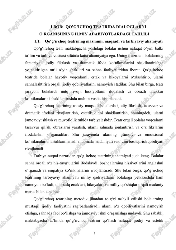 ga jalb qiladi va ijodiy faoliyatni rivojlantiradi. amaliy tajribalar shuni ko‘rsatadiki, qo‘g‘irchoq teatrini muntazam tashkil etish bolalarning nutqini boyitadi, dramatik ifodani rivojlantiradi, fantaziya va tasavvurini kengaytiradi, shuningdek, jamoaviy ishlash, hamkorlik va mas’uliyat hissini shakllantiradi. bolalar sahnadagi o‘z faoliyati orqali ijodiy qobiliyatlarini amalda qo‘llashni o‘rganadi, estetik did va madaniy tushunchalarni rivojlantiradi, shuningdek, milliy qadriyatlarni chuqurroq anglaydi. shu nuqtai nazardan, qo‘g‘irchoq teatrining maktabgacha ta’limdagi tarbiyaviy va estetik ahamiyati juda katta bo‘lib, u bolalarning kompleks rivojlanishini ta’minlashda muhim vosita hisoblanadi. tarbiyachining metodik yondashuvi, ota-onalar bilan hamkorlik va sahnani estetik jihatdan boyitish orqali qo‘g‘irchoq teatrining samaradorligi sezilarli darajada oshadi, bolalar mustaqil, ijodkor va estetik jihatdan boy shaxs sifatida tarbiyalanadi. qo‘g‘irchoq teatr maktabgacha yoshdagi bolalarning estetik, ijodiy va ijtimoiy rivojlanishida muhim vosita sifatida katta ahamiyatga ega. uning mazmuni bolalarning fantaziya, tasavvur va dramatik ifoda qobiliyatlarini shakllantirishga yo‘naltirilgan turli faoliyat turlaridan iborat bo‘lib, ularni hikoya, ertak, milliy qo‘shiqlar va o‘yinlar orqali o‘zlashtirish imkonini beradi. qo‘g‘irchoq teatrida …