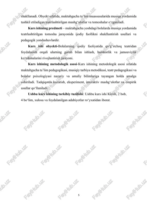 us “bolaning sahnalashtirish faoliyatida rivojlanishi” nomli bo‘limi ajratilgan. unda qayd etilishicha, pedagog: · sahnalashtirish faoliyatida bolalarning ijodiy faolligini rivojlantirish uchun shart-sharoit yaratish (ijrochilik mahoratini rag‘batlantirish, har bir chiqishda erkin va bemalol harakatini rivojlantirish, mimika vositalari, ifodali harakatlar va intonatsiyalar yordamida improvizatsiyani gavdalantirish va h.k.); · bolalarni teatr madaniyati bilan tanishtirish (teatr moslamalari, teatr janrlari hamda qo‘g‘irchoq teatrlarining barcha turlari bilan tanishtirish); · teatr faoliyatining boshqa faoliyat turlari bilan yagona pedagogik jarayonda o‘zaro bog‘liqligini ta’minlay bilishi kerak; teatr faoliyati bilan shug‘ullanadigan studiyalarda mtt tarbiyachilari va ota-onalar qatnashishi mumkin. bu juda muhim, bolalarning va kattalarning hamkorlikdagi ijodiy faoliyatida hayot rejimiga nisbatan an’anaviy yondashuvni yengib o‘tishga yordam beradi. sahnalashtirish faoliyatining bunday tashkil etilishi bolalarda nafaqat bilim va ko‘nikmalarning paydo bo‘lishi, qobiliyat va ijodiylikning rivojlanishiga, balki ularning boshqa guruhdagi bolalar hamda kattalar bilan o‘zaro aloqada bo‘lishlariga imkon yaratadi. bundan tashqari, hamkorlikdagi faoliyat orqali tarbiyalanuvchilar bolalarni, ayniqsa ularning xarakterlari, orzulari va niyatlarini yaxshiroq bilib oladilar. …