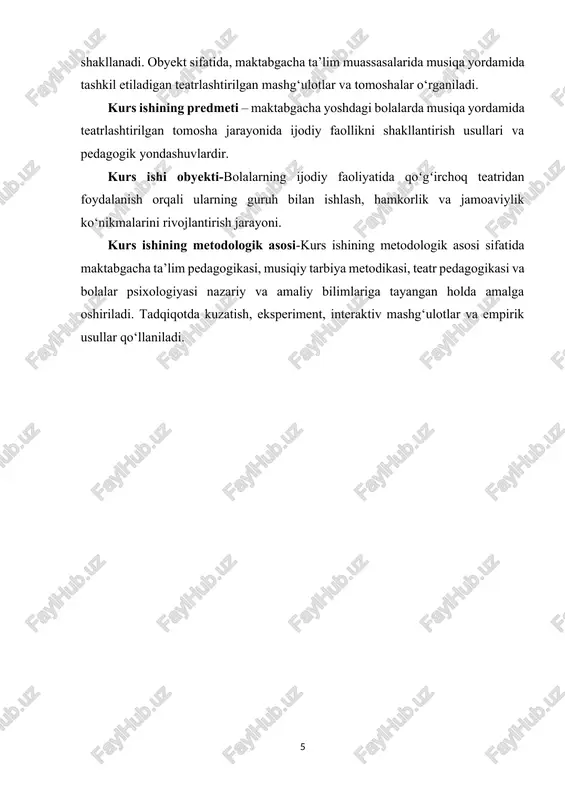 atida bolalarning ijodiy faolligini rivojlantirish uchun shart-sharoit yaratish (ijrochilik mahoratini rag‘batlantirish, har bir chiqishda erkin va bemalol harakatini rivojlantirish, mimika vositalari, ifodali harakatlar va intonatsiyalar yordamida improvizatsiyani gavdalantirish va h.k.); · bolalarni teatr madaniyati bilan tanishtirish (teatr moslamalari, teatr janrlari hamda qo‘g‘irchoq teatrlarining barcha turlari bilan tanishtirish); · teatr faoliyatining boshqa faoliyat turlari bilan yagona pedagogik jarayonda o‘zaro bog‘liqligini ta’minlay bilishi kerak; teatr faoliyati bilan shug‘ullanadigan studiyalarda mtt tarbiyachilari va ota-onalar qatnashishi mumkin. bu juda muhim, bolalarning va kattalarning hamkorlikdagi ijodiy faoliyatida hayot rejimiga nisbatan an’anaviy yondashuvni yengib o‘tishga yordam beradi. sahnalashtirish faoliyatining bunday tashkil etilishi bolalarda nafaqat bilim va ko‘nikmalarning paydo bo‘lishi, qobiliyat va ijodiylikning rivojlanishiga, balki ularning boshqa guruhdagi bolalar hamda kattalar bilan o‘zaro aloqada bo‘lishlariga imkon yaratadi. bundan tashqari, hamkorlikdagi faoliyat orqali tarbiyalanuvchilar bolalarni, ayniqsa ularning xarakterlari, orzulari va niyatlarini yaxshiroq bilib oladilar. kichkina bolalarni hurmat qilishga, ular uchun qayg‘urishga, kattalar va bolalar o‘rtasida ishonch paydo bo‘lishiga …