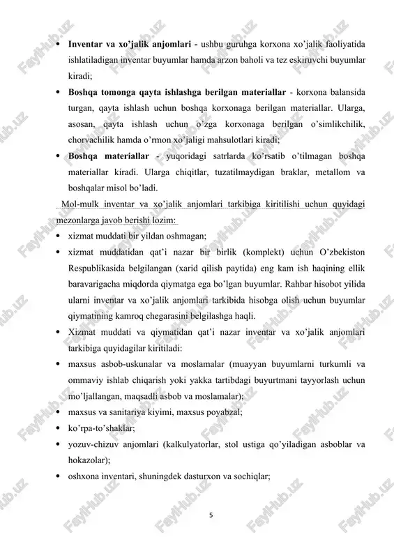 yozuv-chizuv anjomlari (kalkulyatorlar, stol ustiga qo’yiladigan asboblar va hokazolar); · oshxona inventari, shuningdek dasturxon va sochiqlar; · barpo etish xarajatlari qurilish-montaj ishlarining tannarxiga kiritiladigan vaqtinchalik (titulsiz) inshootlar, moslamalar va qurilmalar; · foydalanish muddati bir yildan oshmaydigan almashtiriladigan uskunalar; - ovlash qurollari (to’rlar, matraplar, trallar va hokazo). · korxona ularning vazifasi va moliya-xo’jalik faoliyatidagi o’rniga bog’liq holda inventar, asboblar va xo’jalik anjomlarini hisobga olish uchun hisobvaraqlarni mustaqil ochish huquqiga ega. topshirish paytida inventar va xo’jalik anjomlarining qiymati to’laligicha ishlab chiqarish yoki davr xarajatlariga kiritiladi. materiallarni buxgalteriya hisobida to’g’ri baholash muhim ahamiyatga ega hisoblanadi. ishlab chiqarish zahiralarini baholash «tovar-moddiy zahiralar» nomli 4-son bhmsga asoslangan bo’lishi lozim. ushbu standartga muvofiq materiallar eng kam bahoda, ya’ni tannarxi bo’yicha yoki sof sotish qiymatida hisobga olinishi lozim. chunki buxgalteriya hisobining ehtiyotkorlik tamoyilini aks ettirishning biri bo’lib past baholash qoidasi hisoblanadi. «tovar-moddiy zahiralar» nomli 4-son bhmsga asosan tovar moddiy zahiralarning tannarxi barcha sotib olish xarajatlarini va tovar-moddiy …