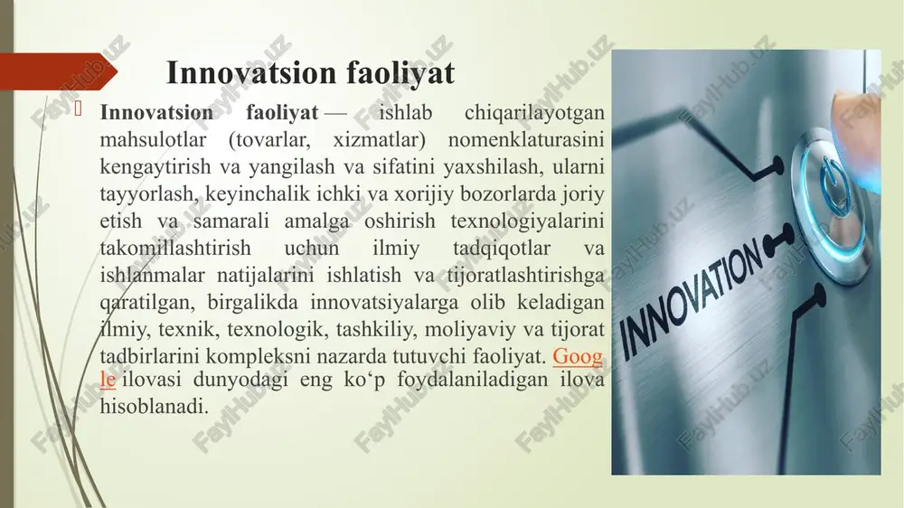 da innovatsion faoliyatning holati va va uni rivojlantirishning ustuvor yo’nalishlari 1- diagramma. oliy ta’lim tashkilotlari soni keyingi besh yilda oliy ta’limga qabul kvotasi 3 barobar oshirilib, joriy yilda 182 ming nafar yoshlar uchun talaba bo’lish imkoniyati yaratildi. bu – umumiy qamrov 28 foizga yetdi. 4 yil avval bu raqam atigi 9 foizni tashkil etardi. bu borada davlat grantlari 21 mingtadan 47 mingtaga ko’paytirilgan. innovatsion rivojlanishni qo'llab-quvvatlash bo'yicha maqsadli chora-tadbirlar amalga oshirildi: o‘zbekistonda fan va innovatsiyalar bo’yicha barcha jarayonlarni amalga oshirish va muvofiqlashtirish bilan shug’ullanish uchun o’zbekiston respublikasi prezidentining 2017 yil 29 noyabrda «o’zbekiston respublikasi innovatsion rivojlanish vazirligini tashkil etish to’g’risida»gi pq3416-sonli qarori bilan innovatsion rivojlanish vazirligi tashkil etilgan. vazirlik o’zbekiston respublikasini innovatsion va ilmiy-texnik rivojlantirish sohasida jamiyat va davlat hayotini har tomonlama rivojlantirishga, mamlakatning intellektual va texnologik salohiyatini oshirishga qaratilgan yagona davlat siyosatini amalga oshiruvchi davlat boshqaruv organiga aylandi. zamonaviy sharoitda o’zbekistonda innovatsion faoliyatning holati va va uni rivojlantirishning ustuvor …