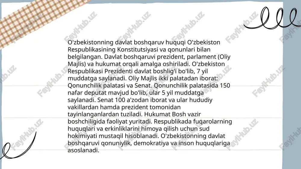 obal miqyosda 12 million gektar o'rmon maydoni yo'q qilinadi, bu esa bioxilmaxillikning kamayishiga olib keladi. jahon o'rtacha harorati sanoat inqilobidan beri 1,2 daraja selsiyga ko'tarilgan. 1950-yildan beri plastik ishlab chiqarish hajmi 8,3 milliard tonnaga yetgan bo'lsa, uning 91% qayta ishlanmagan. orol dengizi hududi so'nggi o'n yilliklarda 90% qisqardi. o'zbekistonda 2025-yilgacha umumiy energiya iste'molining 25% yangilanadigan energiya manbalaridan ta'minlash rejalashtirilgan. ekologik qonunchilik bo'yicha, 2019-yilda o'rmonlarni himoya qilish haqida yangi qonun qabul qilindi. atrof-muhitni ifloslantirish natijasida har yili 9 milliondan ortiq inson erta hayotdan ko'z yumadi. ushbu raqamlar ekologik muhofaza choralarining dolzarb ekanini ko'rsatadi. ... t.me/slaydai_bot o'zbekiston sud tizimi 1991-yil 1-sentabrdagi mustaqillikdan keyin shakllangan. 1992-yilda "o‘zbekiston respublikasi konstitutsiyasi" qabul qilinishi sud tizimining asosini belgilab berdi. bunda sudlarning mustaqilligi ta'kidlangan. 1993-yilda "sudlar to'g'risida"gi qonun qabul qilinib, sud tizimi islohoti boshlandi. o'zbekiston sud tizimi uch bosqichli: fuqarolik, jinoiy va xo'jalik sudlaridan iborat. 2001-yilda oliy majlis huzuridagi oliy sud va oliy xo'jalik sudi birlashtirilib, yagona …