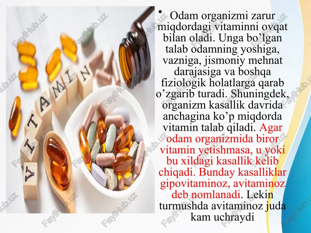 hox –fitol guruhini saqlaydi. tokoferollar bir-biridan metil guruhlarining halqadagi soni va joylanishi bilan farqlanadi. β-tokoferolda 7-holatda, γ-tokoferolda 5-holatda metil guruhi bo’lmaydi. ularda biologik aktivlikni ta’minlashda, ayniqsa, metil guruhlar katta rol o’ynaydi. shuning uchun bo’lsa kerak, uchta metil guruhi saqlovchi α-tokoferol yuqpori aktivlikka ega. e vitamini birinchi navbatda organizmlar ko’payishida muhim ahamiyatga ega. bu vitamin yetishmasa, hayvonlar nasl qoldira olmaydi. dastlab spermatozoidlarning shakli o’zgarib, xivchini yo’qolib harakatsiz bo’lib qoladi. keyinchalik vitamin yetishmaslik davom etaversa, ular umuman hosil bo’lmaydi. urg’ochi hayvonlarda tuxum urchisa ham, embriogenez izdan chiqadi, homila rivojlanishi oxirigacha yetmaydi. hatto u so’rilib ketishi ham mumkin. uni ko’payish vitamini deb atash ham ana shundan kekib chiqqan. o’simliklarda e vitamin gul changdonining rivojlanishini ta’minlaydi. e vitamini mushak to’qimasi rivojlanishi va faoliyat ko’rsatishida ham alohida ahamiyatga ega. gipovitaminoz davrida undagi qisqarish oqsili-miozinning miqdori kamayib boradi, kreatin sintezi buziladi. shuningdek, e vitamin organizmda kechadigan oksidlanish jarayonlarida, mineral moddalar almashinuvida (ayniqsa ca va p), a …