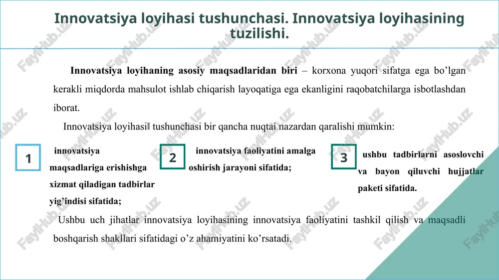 dagi xususiyatlar bilan farqlanadi: - ko’pchilik hollarda innovatsiya loyihasi unda hamkor korxonalar ilmiy-tadqiqot va tajriba-konstruktorlik ishlari (ittkini o’tkazuvchi yoki innovatsiyalarni tadbiq etishda ishtirok etuvchilar)ni ko’zlagani sababli asosiy korxonaga to’g’ri keluvchi xarajat va natijalarni umumiy oqimdan ajratib olish muammosi vujudga keladi. ushbu innovatsiya loyihasida qatnashuvchi innovatsiya faoliyati sub’ektlari soni ortib boradi. innovatsiya loyihalari ko’pincha o’zining asosida yangi texnik echimlardan foydalanish bilan bog’liq. bu esa, intellektual mulk ob’ektlariga xuquqiy portfeli shakllanishida, o’z nomoddiy aktivlar hisobiga yoki litsenzion kelishuvlar asosida olingan xuquqlar hisobiga muammo yuzaga keladi; innovatsiya loyihasi loyihaning ham texnik, ham tijoriy ko’rsatkichlar bo’yicha yuqori darajali noaniqlik bilan ajralib turadi. bu esa, dastlabki moliyaviy iqtisodiy baholashning ishonchliligini pasayishiga olib keladi va qo’shimcha baholash mezonlarini qo’llash mo’ljallanadi; - innovatsiya loyihasini amalga oshirishda asosiy e’tiborni ittki bosqichiga qaratilishi lozim. bu bosqich natijasi asosida loyihani amalga oshirishni davom ettirish yoki to’xtatish xaqida tezkor qaror qabul qiladi; - innovatsiya loyihasi yangi texnik echimlarni yaratishga nisbatan tijoriy …