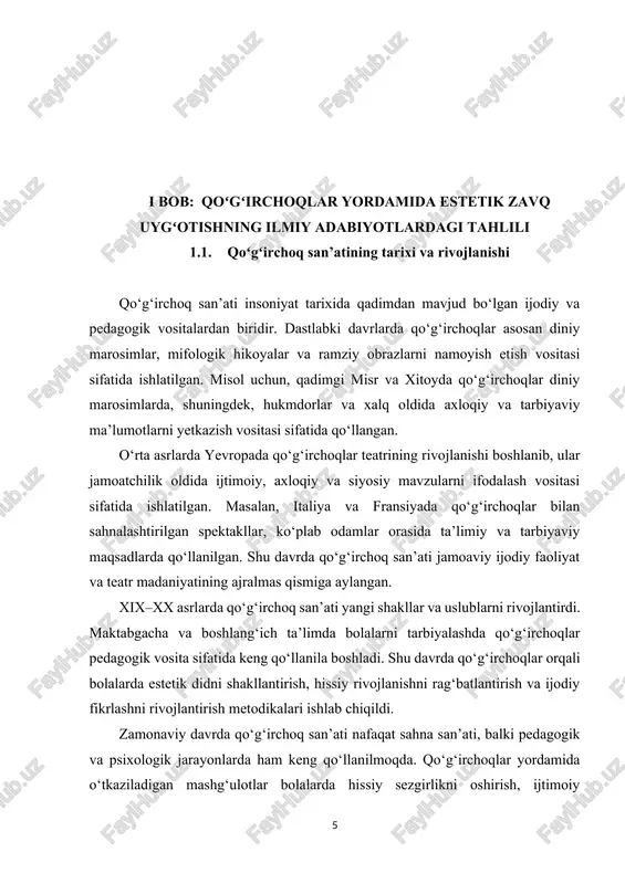 ushbu davrda maktabgacha va boshlang‘ich ta’limda qo‘g‘irchoqlar pedagogik vosita sifatida keng qo‘llanila boshlandi. shu davrda qo‘g‘irchoqlar orqali bolalarda estetik didni shakllantirish, hissiy rivojlanishni rag‘batlantirish, ijodiy fikrlashni rivojlantirish metodikalari ishlab chiqildi. bolalar teatrida qo‘g‘irchoqlar bilan o‘tkazilgan mashg‘ulotlar ularning sahna madaniyati, ijtimoiy ko‘nikmalari va kommunikativ qobiliyatini rivojlantirishga xizmat qilgan. zamonaviy davrda qo‘g‘irchoq san’ati nafaqat sahna san’ati, balki pedagogik va psixologik jarayonlarda ham keng qo‘llanilmoqda. qo‘g‘irchoqlar yordamida o‘tkaziladigan mashg‘ulotlar bolalarda hissiy sezgirlikni oshirish, estetik did va ijodiy fikrlashni shakllantirish, ijtimoiy va kommunikativ ko‘nikmalarini rivojlantirishga yordam beradi. shu bilan birga, qo‘g‘irchoq san’ati zamonaviy teatr, animatsiya va multimedia vositalari bilan integratsiyalashib, bolalar ta’limi va tarbiyasida innovatsion usul sifatida rivojlanmoqda. qo‘g‘irchoq san’atining rivojlanishida ayrim mamlakatlar tajribasi ham muhimdir. masalan: -yaponiya: bunraku qo‘g‘irchoq teatrining shakllanishi bolalar va kattalarga dramatik hikoyalarni etkazishda yuqori darajada pedagogik ahamiyatga ega. -germaniya va shvetsiya: qo‘g‘irchoq teatr maktablarda estetik va ijtimoiy ko‘nikmalarni shakllantirish vositasi sifatida ishlatiladi. -o‘zbekiston: milliy qo‘g‘irchoq teatrlari bolalarda milliy madaniyat, …