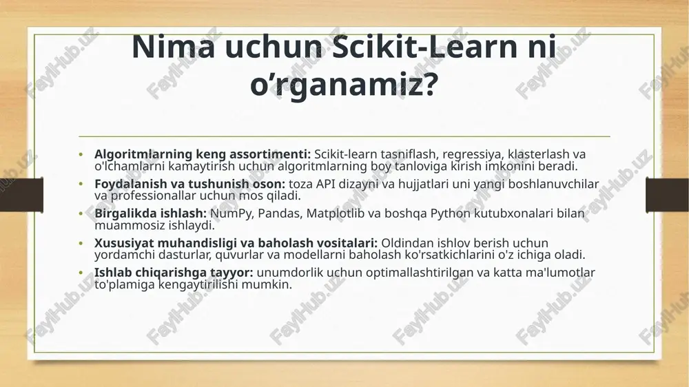 o'shadi o'lchamni kamaytirgandan so'ng o'ng tomonda ma'lumotlar pastki o'lchamli bo'shliqlarda taqdim etiladi. yuqori chizma (xy) mazmunli tuzilmani saqlaydi, pastki chizma esa (zy) z o'lchami juda kam foydali ma'lumotga ega ekanligini ko'rsatadi. bu jarayon ma'lumotlar tahlilini yanada samaraliroq qiladi, shuning uchun hisoblash tezligi va vizualizatsiyani yaxshilaydi va ortiqcha miqdorni kamaytiradi dimensionality reduction ga misol clustering - kmeans algorithm ga misol scikit kutubxonasining afzalliklari foydalanish oson: machine-learning vazifalari uchun oddiy va foydalanuvchilar uchun qulay interfeys. algoritmni keng ko'lamli qo'llab-quvvatlash: tasniflash, regressiya, klasterlash va boshqalar kabi turli xil vazifalar uchun algoritmlarning keng spektrini taklif qiladi. ma'lumotlarni oldindan qayta ishlash asboblari: ma'lumotlarni oldindan qayta ishlash uchun vositalarni taqdim etadi, jumladan, masshtablash, normallashtirish va etishmayotgan qiymatlarni qayta ishlash. modelni baholash: model ishlashini baholash uchun ko'rsatkichlar va ishonchli baholash uchun o'zaro tekshirish kabi usullarni taklif qiladi. integratsiya: numpy, pandas va matplotlib kabi boshqa python kutubxonalari bilan yaxshi integratsiyalashgan. scikit kutubxonasining kamchiliklari cheklangan chuqur o'rganishni qo'llab-quvvatlash: tensorflow …
