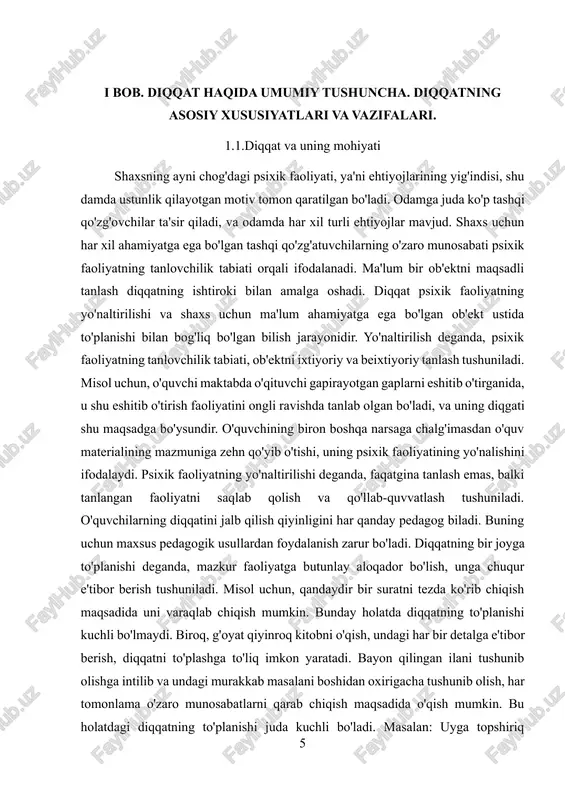 aoliyatga chuqur kirib borish talab etiladi. ikkinchi tomondan, jamlanganlik boshga yot narsalardan chalg'ish bilan bog'liq. aks holda, yot narsalardan chalg'imasangiz, vazifani bajarishingiz qiyinlashadi. yo'nalganlik va jamlanganlik bir-biri bilan o'zaro uzviy bog'liq. diqqatni biror-bir narsaga yo'naltiradigan bo'lsangiz, bir vaqtning o'zida diqqatni unda jamlagan bo'lasiz. va aksincha, biror-bir narsada jamlansangiz, o'z psixik faoliyatingizni unga yo'naltirgan bo'lasiz. diqqatning yo'nalganligi bir mashg'ulotdan ikkinchisiga o'tish bilan, jamlash esa mashg'ulotda chuqurlashish bilan bog'liq. diqqatning inson psixik faoliyatida tutgan o'rnini tushunish uchun o'zingizni biror-bir jismlar guruhi ga qarayotgan holda tasavvur qiling: ko'rish maydoningizning markazida joylashgan ba'zi bir jismlar aniqroq ko'rinadi, ko'rish maydoningizning chetida turganlari esa aksincha, idrok etiladi. shunga o'xshash hodisani ongimizga nisbatan ham tasavvur qilish mumkin: faoliyatimiz mohiyati ongimizning markazini egallagan bo'ladi, ahamiyatga molik bo'lmaganlar esa ongimizdan chetga surilib qoladi. lekin boshqacha ham bo'lishi mumkin: siz qandaydir jismga qaragan holda, umuman, boshqa narsa haqida o'ylaysiz; bunda ongingizning "markaziy maydoni" ko'rayotganingiz bilan emas, o'ylayotganingiz bilan band bo'ladi. …
