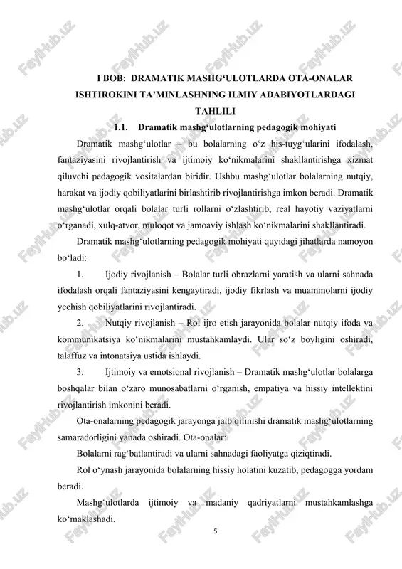 ollarni o‘ynashga rag‘batlantirish orqali ijodiy faollikni oshiradi. 4. nazorat va qo‘llab-quvvatlash tamoyili – ota-onalar mashg‘ulot jarayonida bolalarning hissiy holatini kuzatadi, ularga zarur yordam va qo‘llab-quvvatlashni beradi. dramatik mashg‘ulotlarda ota-onalarning ishtiroki quyidagi shakllarda namoyon bo‘ladi: faol ishtirok – ota-ona bolalar bilan birga sahnada turli rollarni ijro etadi, dramatik o‘yinlarni tashkil qiladi. kuzatuvchi sifatida ishtirok – mashg‘ulotlarni kuzatib, pedagogga tavsiyalar beradi, bolalarning qobiliyatlarini baholaydi. yordamchi sifatida ishtirok – mashg‘ulot jarayonida sahna jihozlari, rekvizitlar bilan yordam beradi, bolalarga tayyorlanishda ko‘maklashadi. ota-onalarning pedagogik jarayonga jalb qilinishi bolalarning sahnada o‘zini erkin his qilishini ta’minlaydi, ularning ijtimoiylashuvini kuchaytiradi va dramatik mashg‘ulotlarning samaradorligini oshiradi. shu tariqa, ota-onalar bilan samarali hamkorlik nafaqat bolalarning ijodiy va nutqiy rivojlanishida, balki pedagogik jarayonning sifatini oshirishda ham muhim vosita hisoblanadi. dramatik mashg‘ulotlarda ota-onalar ishtiroki pedagogik jarayonning ajralmas qismi bo‘lib, u bolalarning ijodiy, ijtimoiy va nutqiy rivojlanishini ta’minlashga yordam beradi. ota-onalar bilan hamkorlik pedagogga individual yondashuvni kuchaytirish, mashg‘ulotlarning samaradorligini oshirish va bolalarning ijtimoiy …