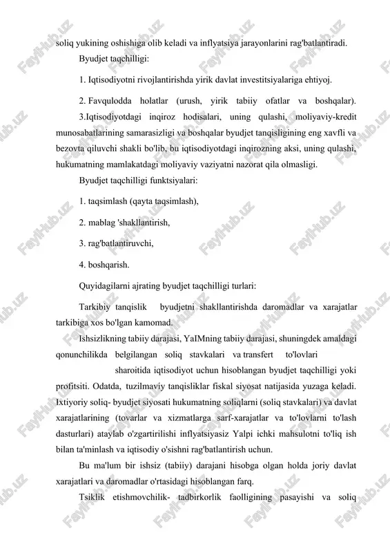 lash; b) iqtisodiy islohotlarning dastlabki bosqichlarida markaziy bankdan ajratilgan tijorat banklaridagi ishlamay qolgan kreditlarning katta portfelini (davlat korxonalarining muddati o'tgan qarzlari, uy xo'jaliklariga, firmalarga imtiyozli kreditlar va boshqalar) to'planishi. ushbu kreditlar asosan imtiyozli kreditlar hisobidan to'lanadi. markaziy bank; v) markaziy bankning (o'tish iqtisodiyoti sharoitida) valyuta kursini barqarorlashtirish chora-tadbirlari, hukumatga beriladigan foizsiz va imtiyozli kreditlar (bug'doy, guruch, kofe va hk sotib olish uchun) va tijorat banklariga ishlamay qolgan kreditlarga xizmat ko'rsatish uchun berilgan zayomlarni qayta moliyalashtirish. markaziy bank qishloq xo'jaligi, sanoat va uy-joy dasturlarini imtiyozli stavkalar bo'yicha va boshqalar. yashirin byudjet taqchilligi amaldagi byudjet tanqisligi va davlat qarzining miqdorini kamaytiradi, bu maqsadli ravishda (masalan, saylovlar oldidan), shuningdek hukumatning har yili balansga olinadigan byudjetga nisbatan "qattiq" yo'nalishi doirasida amalga oshirilishi mumkin. birlamchi tanqislik - umumiy defitsit va qarz bo'yicha foizlar to'lovi o'rtasidagi farqni anglatadi. asosiy kamomadni qarz bilan moliyalashtirish bilan qarzning asosiy miqdori va unga xizmat ko'rsatish nisbati oshadi, ya'ni. iqtisodiyotda qarz …