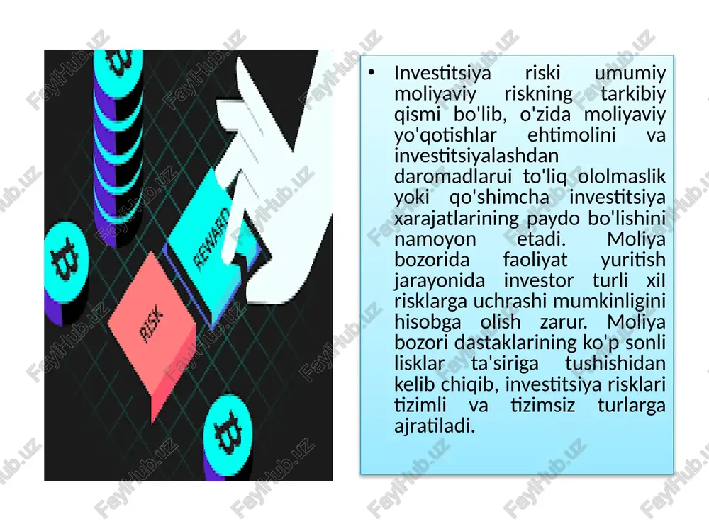 gi) nominal qiymatini saqlab qolish yoki oshirishda ularning haqiqiy boshlang'ich qiymatini yo'qotishi; inflyatsiya o'sish sur'atlarining investitsiya daromadlarining o'sish sur'atlaridan nazoratsiz oshib borishi sharoitida xo'jalik yurituvchi sub'ektning investitsiyalardan kutilayotgan daromadlari va foydasining amortizatsiyasi. 3.investitsion loyihalarda risklar, ularni tuzilishi va kelib chiqish sabablari investitsiyalar ssuda, aktsiyadorlik, tadbirkorlik, pul, tovar, ishlab chiqarish kapitalidan farq qilgan holda jami risklar majmuini o'zida mujassam etadi va kapitalni yo'qotish, boy berish riskini minimallashtirishni nazarda tutadi. kapitaldan farq qilgan holda investitsiyalar ongli ravishda aniq va aniq bo'lmagan risklar bilan bog'lanadi. investitsiyalar ssudalardan birqancha yo'nalishlar bo'yicha farq qiladi. birinchidan, ssuda g'oyasi qaytarishlik asosida imkoni bo'lgan juda ko'p mablag'lar manbalaridan foydalanishni nazarda tutadi, investitsiyalar esa nisbatan uzoq davom etadigan vaqt mobaynida qo'yilgan kapital o'z egasiga qaytishiga qadar mablag'lar oqimini ta'minlash maqsadlarida kapital qo'yishni bildiradi. ikkinchidan, kreditlashda kelishuv tashabbuskori, odatda, qarzdor hisoblanadi, investitsiyalashda esa tashabbus investordan chiqadi. uchinchidan, kredit moliyalashtirishning manbalaridan biri hisoblanadi, investitsiyalar esa muayyan vaqt davomida aniq jarayonlarga ongli …