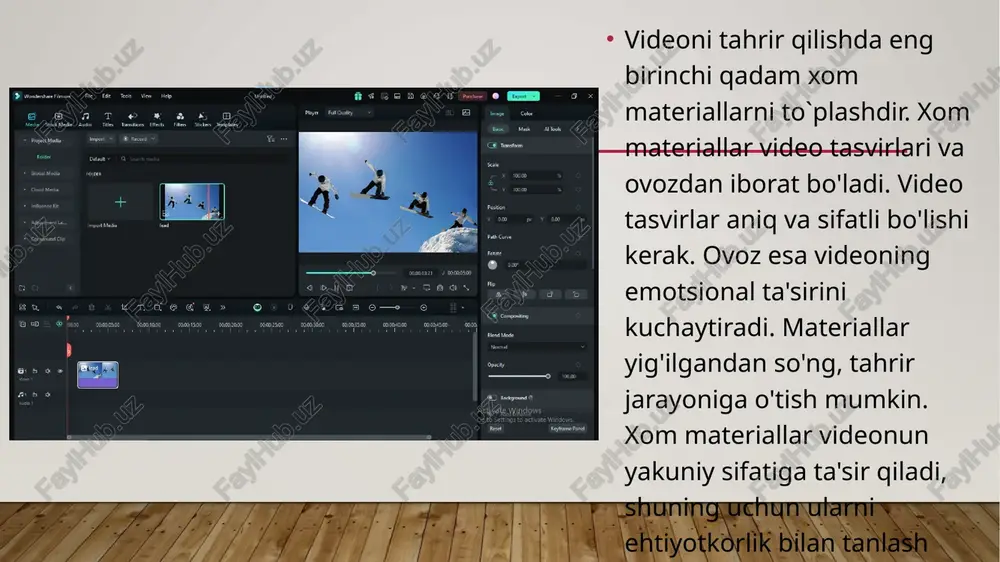 maqolada video tahriri bosqichlari tushuntirib beriladi va ba’zi foydalanuvchilar uchun bu jarayon nima sababdan oson, boshqalar uchun esa qiyin ekani haqida so‘z yuritiladi. har bir bosqichda mavjud texnologik muqobillar ham ko‘rib chiqiladi. kalit so‘zlar: raqamli video tahriri, kompyuterli video tahriri, oddiy raqamli video tahriri kirish yaqinda o‘tgan vaqtgacha raqamli video tahriri murakkab va faqat maxsus bilim va uskunalarga ega bo‘lgan mutaxassislargagina ochiq edi. hatto eng oddiy videoni olish va tahrirlash uchun ham maxsus dasturiy va apparat bilimlar zarur edi. texnologik yutuqlar bu jarayonni sezilarli darajada soddalashtirdi. endi foydalanuvchilar oddiy kompyuter bilimlari orqali ham videolarni tahrirlashlari mumkin. shunga qaramay, bu soddalashtirishga qaramasdan, ko‘pchilik hali ham raqamli video tahririni sirli va murakkab deb hisoblaydi. bu holat asosan, tahrirlash bosqichlari va texnologiyalar bo‘yicha chalkashliklar sababli yuzaga keladi. aslida esa, bu jarayon oddiy bosqichlar orqali amalga oshirilishi mumkin. ushbu maqola raqamli video tahririda qo‘llaniladigan texnologik muqobillar va oddiy jarayonlarni aniqlab beradi. raqamli video tahriri …