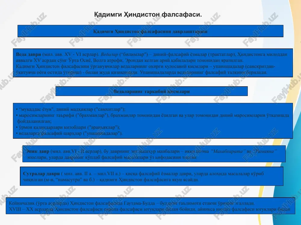 ir narsa va xodisa bilan boglik; olamni tashkil etuvchi materiya yagonadir; tabiatda materiyaning aylanmasi mavjud («xamma narsa erdan chikadi va erga kiradi»), ya'ni bugungi inson kecha olamdagi boshka bir formada bulgan - tosh, daraxt, xayvon kismlari, va inson ulimidan sung uning a'zolari boshka bir xaet formasi va xodisalar uchun kurilish materiali bulib xizmat kiladi; olamdagi tartib, tabiat konunlari, tarix uzgarmaydi, shuning uchun inson xayotining asosiy tamoyili – tinchlik va xarakatsizlik ("u-vey"); imperator mukaddas shaxs, fakat u xudolar va yukori kuchlar bilan ma'naviy alokada bula oladi; imperator shaxsi orkali xitoy va butun insoniyatga «de»-tetiklantiruvchi kuch va ne'mat utadi; inson imperatorga kancha yakin bulsa, shuncha kup «de» unga imperatordan utadi; "dao«ni anglash va "de“ni olish uchun daosizmning barcha konunlariga tulik amal kilish kerak, "dao" bilan birlashib, imperatorga buysunish va unga yakin bulish; baxt va xakikatga olib boradigan yul – xirs va istaklardan ozod bulish. xususiyatlari konfutsianchilik – kadimiy falsafiy maktab, insonnni avvalambor …
