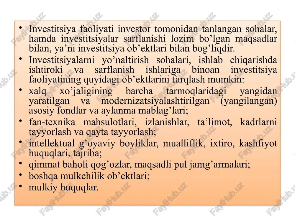 jalb etish uchun qulay shart-sharoitlar yaratish, ularni huquqiy himoya qilishning amaliy mexanizmlarini joriy etish va investitsion muhitni yanada yaxshilash iqtisodiy rivojlanish sohasidagi eng muhim vazifalardan biri hisoblanadi.o’zbekiston respublikasi investitsiya siyosati xorijiy investitsiyalarni jalb qilish uchun yanada qulay shart-sharoitlarni ta’minlash xorijiy investitsiyalarni ishonchli himoya qilishning amaliy mexanizimini barpo etish, mana shu asosda mamlakatdagi investitsiya muhitiniyanada yaxshilashda mdh mamlakatlari orasida yetakchi hisoblanadi. investitsiya-mulkchilikning har xil ko’rinishlaridagi modddiy, moliyaviy va moliyaviy va nomoddiy boyliklarini iqtisodiy-ijtimoiy daromad olish maqsadida muomlaga kiritishdir. bu ma’lum vaqt davomida qiymatni oshirish uchun aktivlarni bag’ishlash.investitsiya “aniq va ishonchli manbalardan mablag’lar olish, ularni asosli holda safarbar etish, risklar darajasini hisobga olgan holda kapital qiymatini saqlash va ko’zlangan samarani olishdan iborat bo’ladi. ana shu belgilarga ko’ra investitsiyalar boshqa qo’yilmalardan mazmunan farq qiladi.d.g’ozibekov tomonidan investitsiyalarning makroiqtisodiy darajadagi va moliya nazartiyasidagi mohiyati to’g’risida ham fikrlar bildirilgan. 2024 yil 6 mart kuni iqtisodiy hamkorlik va taraqqiyot tashkiloti (ihtt), yevropa ittifoqi (yei) va osiyo taraqqiyot …