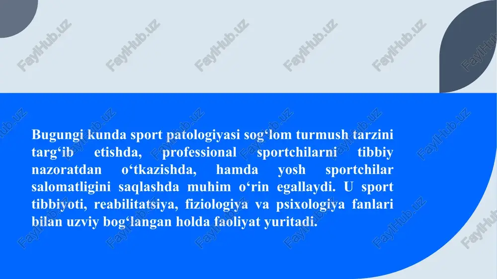lar organizmning ichki tizimlarida (asosan yurak, mushak, asab va nafas olish tizimlarida) jismoniy yuklamaning haddan tashqari ortishi natijasida yuzaga keladi. ularning asosiy ko‘rinishlari: yurak faoliyatining buzilishi (sport kardiopatiyasi) asab tizimi zo‘riqish holatlari (nevroz, charchash sindromi) mushaklar va paylarning surunkali zo‘riqishi (miozit, tendinit) nafas olish tizimi buzilishlari (bronxospazm, nafas yetishmovchiligi) bu turdagi patologiyalar ko‘pincha ortiqcha mashg‘ulotlar, yetarli tiklanmaslik, noto‘g‘ri ovqatlanish va psixologik bosim bilan bog‘liq bo‘ladi. 14 3. yuqori darajadagi sport faoliyati bilan bog‘liq surunkali patologiyalar professional sportchilarda uzoq muddatli yuklamalar fonida ayrim surunkali kasalliklar rivojlanadi. ular ko‘pincha ichki organlar faoliyatidagi o‘zgarishlar bilan kechadi. misollar: bo‘g‘im va suyak tizimi kasalliklari (artroz, osteoxondroz) metabolik buzilishlar (gormon muvozanati buzilishi, energiya tanqisligi) ovqatlanish buzilishlari va immunitetning pasayishi psixosomatik buzilishlar (uyqusizlik, stress, motivatsiya yo‘qolishi) bu holatlar sportchi faoliyatining davomiyligini qisqartiradi, shuning uchun ularni erta aniqlash va oldini olish muhimdir. 15 xulosa qilib aytganda, sportda uchraydigan patologik holatlar — bu sport faoliyati bilan chambarchas bog‘liq bo‘lgan, …