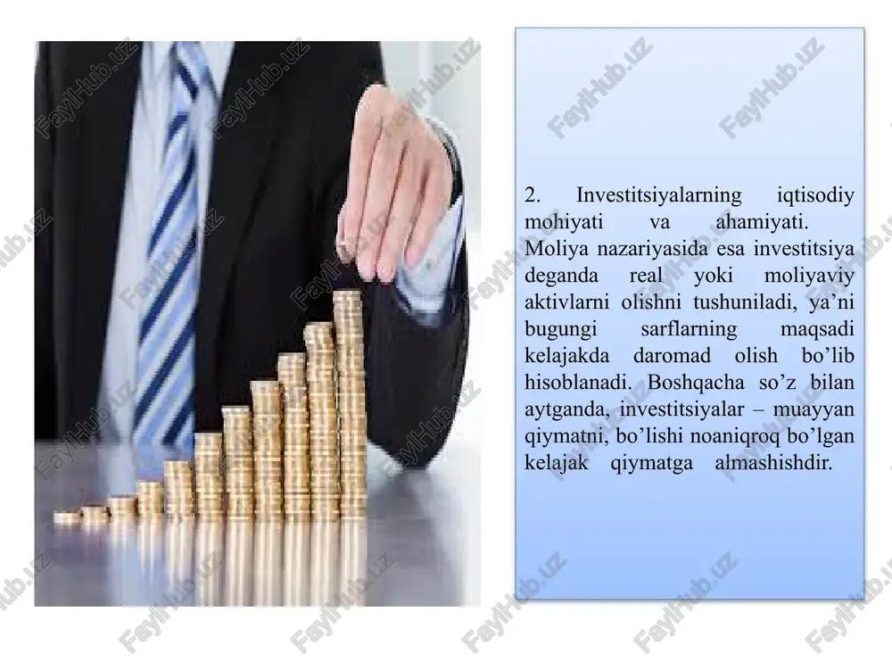 ularning birlashmasi, davlat organlari va chet ellik yuridik va jismoniy shaxslar investor bo’lishlari mumkin. investitsiyalash maqsadlari bo’yicha strategik va bevosita investorlar o’z oldiga kompaniyalarni boshqarish huquqini olishni maqsad qilib qo’yadilar. buni ular boshqa kompaniyalar aktsiyalarining kontrol paketini sotib olish yoki ularning ustav kapitalining katta qismini egallash orqali amalga oshiradilar. ular yana kompaniyalarning qo’shilib va bankrot bo’lib ketishlarini amalga oshiradilar. portfel investorlar dividend va foiz shaklida daromad olish maqsadida o’z kapitalini turli moliyaviy vositalarga joylashtiradilar. rezidentlikka tegishliligi bo’yicha milliy va xorijiy investorlar ajratiladi. bozor sharoitida investitsiya faoliyatini kengaytirish va rivojlantirish jismoniy, huquqiy shaxslarni va davlatni, foyda olish maqsadida tadbirkorlik, ishbilarmonlik va boshqa faoliyatlarini qaytadan tiklashga qaratilgan. bu boradagi asosiy maqsad investitsiya faoliyatini tashkil etib iqtisodiyotni inqirozdan olib chiqish, uni barqarorlashtirish, dunyo bozoriga kirib borish, jahon xo’jalik aloqalarini mustahkamlash va aholi turmush darajasini yaxshilashdir. xulosa iqtisod fanlarining turli tarmoqlarida, amaliy faoliyatning turli yo’nalishlarida investitsiyalashning maqsadlari, harakatlar yo’nalishi, sohalar xususiyatlari, safarbar etilish ob’ektlari, …