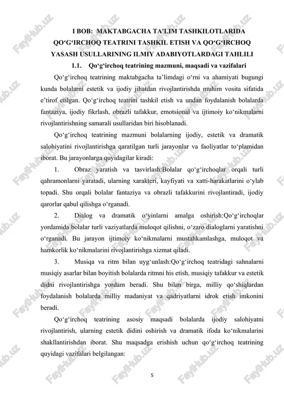a fantaziyani shakllantirish, shuningdek, ijtimoiy va emotsional ko‘nikmalarni mustahkamlashga qaratilgan kompleks pedagogik jarayon sifatida qaraladi. shu bois maktabgacha ta’lim tashkilotlarida qo‘g‘irchoq teatrini samarali tashkil etish va undan foydalanish bolalarning shaxsiy va ijodiy rivojlanishi uchun muhim vositadir. 1.2. bolalarda estetik va ijodiy qobiliyatlarni shakllantirishda qo‘g‘irchoq teatrining o‘rni qo‘g‘irchoq teatrining maktabgacha ta’limdagi o‘rni bolalarning ijodiy, estetik va emotsional rivojlanishi nuqtai nazaridan juda muhim hisoblanadi. qo‘g‘irchoq teatrida bolalar turli qahramonlarni yaratish, ularning xarakteri, kayfiyati va xatti-harakatlarini tasavvur qilish imkoniyatiga ega bo‘ladilar. bu jarayon bolalarning fantaziya va ijodiy tafakkurini kengaytiradi, ularni mustaqil fikrlash va ijodiy qarorlar qabul qilishga o‘rgatadi. qo‘g‘irchoq yordamida bolalar sahnada turli dramatik vaziyatlarni ijodiy tarzda amalga oshiradi, qahramonning his-tuyg‘ularini ifodalaydi va boshqa bolalar bilan muloqot qiladi. shu bilan birga, qo‘g‘irchoq teatrida musiqiy elementlar, milliy qo‘shiqlar, ritmik harakatlar va dramatik elementlar qo‘llanilishi bolalarda estetik didni shakllantirishga yordam beradi va ularning milliy madaniyatni idrok etishini ta’minlaydi. mazkur teatr shakli bolalarni sahnada mustaqil qarorlar …