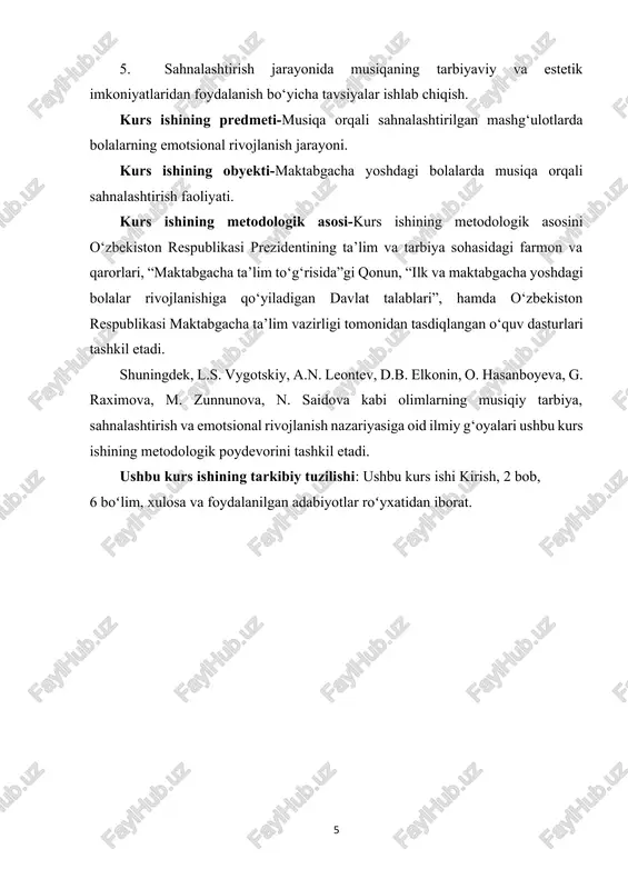 uhini belgilaydi. shu boisdan, musiqasiz sahnalashtirish bolalar uchun quruq, jonlanmagan, his-tuyg‘ulardan yiroq jarayonga aylanib qoladi. musiqa orqali bolalar obrazli fikrlashni, his qilishni, nutqni ifodali aytishni va sahnadagi harakatlarni ritm bilan uyg‘unlashtirishni o‘rganadilar. ayniqsa, dramatik o‘yinlarda musiqa yordamida voqealar ketma-ketligi yanada jonlanadi, bolalar o‘z obrazini musiqaning ohangi orqali chuqurroq his etadi. masalan, quvnoq, shodon ohanglar orqali bolalar faol, ijobiy obrazni ifoda etadi, sokin va yumshoq musiqalar esa ularda mulohazali, mehribonlik hissini uyg‘otadi. pedagogik nuqtai nazardan, musiqa va sahnalashtirishning o‘zaro bog‘liqligi bolalarni nafaqat estetik tarbiyalash, balki ularning emotsional, ijtimoiy va kommunikativ ko‘nikmalarini shakllantirishda ham muhim rol o‘ynaydi. bolalar musiqani tinglash, unga mos harakat qilish, sahnadagi sheriklariga moslashish orqali o‘zaro muloqot, diqqat, eshitish va jamoada ishlash malakalarini rivojlantiradilar. psixolog olimlar fikricha (l.s. vygotskiy, a.n. leontev, d.b. elkonin), bolaning hissiy olami uning harakatlari va faoliyati bilan bevosita bog‘liqdir. shu bois sahnalashtirishda musiqaning qo‘llanilishi bolaning harakatini ma’noli qiladi, his-tuyg‘ularini tabiiy ifoda etishiga yordam beradi. musiqa …