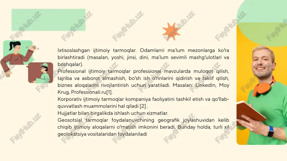 alari ustida ishlayotgan kishilar ularni kundan-kunga yaxshiroq, qiziqarliroq, rang-barang qilishga urinmoqda: kirgan odam iloji boricha koproq vaqtini otkazsin, pul sarflasin, nimadir xarid qilsin va hokazo. ijtimoiy tarmoqlarda muloqot qilish ancha oson, odam oz qiyofasiga ega bolmaydi. negaki nafaqat oz ismi, balki oylab topilgan taxallusi bilan ham royxatdan otishi, fotosurat orniga avatar (rasm) yoki begonaning suratini joylashi mumkin. xohlagan narsasini yozadi, haqorat qilishdan ham toymaydi, chunki kop hollarda aytgan gapi uchun javob berishiga togri kelmaydi! ayrimlar ijtimoiy tarmoqlarga faqat zarur axborot olish, muloqot qilish, ozini korsatish manbai sifatida qarashmaydi. ular kirishi va profillar boylab tentirab yurishi, tanish-notanishlarni dostlar safiga kiritishi, muzokaralarda qatnashib, statuslar, yangiliklarni oqishi, fotosuratlarni tomosha qilishi, oyinlar oynashi mumkin. ijtimoiy tarmoqlarga qaramlik internetga qaramlik alomatlaridan biridir. internetga qaramlik fenomenini tadqiqotchilar bir necha marta tavsiflab berishdi. bunda olimlar ijtimoiy tarmoqlarga qaramlikni alohida guruhga kiritishadi «kiber-munosabatlar»ga qaramlik: chatda, telekonferensiyalarda aloqada bolish, oxir-oqibat, haqiqiylari orniga virtual dost va oilalarni almashtirishigacha olib kelishi …