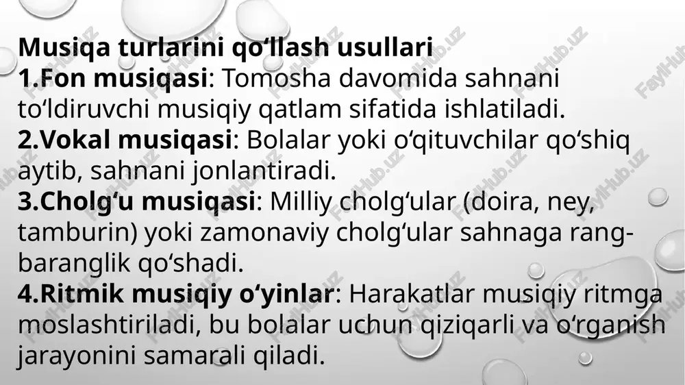 di. estetik va madaniy tarbiya milliy cholg‘ular va qo‘shiqlar orqali bolalarda estetik did va madaniy qadriyatlarni hurmat qilish hissi rivojlanadi. musiqa bolalarga san’at va madaniyatga qiziqish uyg‘otadi, ularni san’atga hurmat bilan qarashga o‘rgatadi. diqqat va konsentratsiyani oshirish musiqa bilan uyg‘un harakatlar bolalarning diqqatini jamlash va vazifani to‘liq bajarishga o‘rgatadi. ritm va ohanglarga e’tibor berish ularning musiqiy sezgirligini oshiradi. stressni kamaytirish va psixologik barqarorlik musiqa bolalarni tinchlantiradi, sahnadagi faoliyat orqali ular o‘zini erkin his qiladi. tomosha bolalarda psixologik barqarorlik va ijobiy hissiy holatni mustahkamlaydi. xulosa musiqa yordamida teatrlashtirilgan tomosha bolalarning ta’limiy, tarbiyaviy va ijodiy rivojlanishida muhim vosita hisoblanadi. musiqa sahnadagi obrazlarni jonlantirish, hissiy kayfiyatni ifodalash va bolalarni ijodiy faoliyatga jalb qilish imkonini beradi. tomosha davomida bolalar nafaqat o‘z his-tuyg‘ularini ifodalaydi, balki jamoaviy ishlash, diqqatni jamlash, ritm va musiqiy eshitish ko‘nikmalarini rivojlantiradi. shuningdek, musiqiy teatrlashtirilgan tomosha bolalarda madaniy va estetik didni shakllantiradi, milliy qadriyatlarni anglashga yordam beradi hamda axloqiy tarbiya beradi. tomoshada …