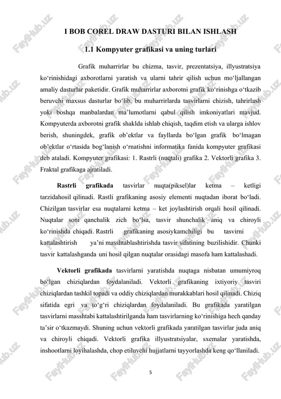 el)lar ketma – ketligi tarzidahosil qilinadi. rastli grafikaning asosiy elementi nuqtadan iborat bo‘ladi. chizilgan tasvirlar esa nuqtalarni ketma – ket joylashtirish orqali hosil qilinadi. nuqtalar soni qanchalik zich bo‘lsa, tasvir shunchalik aniq va chiroyli ko‘rinishda chiqadi. rastrli grafikaning asosiy kamchiligi bu tasvirni kattalashtirish ya’ni masshtablashtirishda tasvir sifatining buzilishidir. chunki tasvir kattalashganda uni hosil qilgan nuqtalar orasidagi masofa ham kattalashadi. vektorli grafikada tasvirlarni yaratishda nuqtaga nisbatan umumiyroq bo‘lgan chiziqlardan foydalaniladi. vektorli grafikaning ixtiyoriy tasviri chiziqlardan tashkil topadi va oddiy chiziqlardan murakkablari hosil qilinadi. chiziq sifatida egri va to‘g‘ri chiziqlardan foydalaniladi. bu grafikada yaratilgan tasvirlarni masshtabi kattalashtirilganda ham tasvirlarning ko‘rinishiga hech qanday ta’sir o‘tkazmaydi. shuning uchun vektorli grafikada yaratilgan tasvirlar juda aniq va chiroyli chiqadi. vektorli grafika illyustratsiyalar, sxemalar yaratishda, inshootlarni loyihalashda, chop etiluvchi hujjatlarni tayyorlashda keng qo‘llaniladi. bu grafik dasturlarning eng mashhurlariga adobe illustrator, macromedia freehand, coreldraw va boshqalar kiradi. fraktal grafika badiiy kompozitsiya yaratish – bu tasvirni chizish yoki jihozlash …