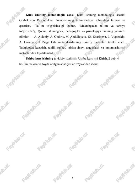i va ota-onalar o‘z xatti-harakatlari bilan bolaga ibrat bo‘lishlari kerak. milliy qadriyatlarning tarbiyaviy ahamiyati shundaki, ular orqali bola nafaqat bilim oladi, balki o‘z yurti, tili, dini, urf-odati, tabiatga munosabati haqida chuqur tushunchaga ega bo‘ladi. shu jarayonda bola o‘z xalqining farzandi ekanidan faxrlanadi, milliy madaniyatni qadrlaydi va uni asrashga intiladi. milliy qadriyatlar bolalarda ma’naviy poklik, vatanparvarlik, insoniylik va hurmat tuyg‘ularini shakllantirishning eng kuchli tarbiyaviy vositasidir. ularni bolalar ongiga singdirishning samarali yo‘li — o‘yin, qo‘shiq, ertak, san’at va hayotiy tajriba orqali milliy ruhni bolalarning qalbiga singdirishdan iboratdir. ma’lumki, maktabgacha tarbiya yoshidagi bolalarning o‘yinlari taqlid qilish tabiatida bo‘ladi. bola tevarak atrofidagi borliqni boshqalardan o‘zgacharoq faxmlaydi, kuzatadi. o‘yindagi ba’zi narsalarni o‘yiniga kiritadi va shu o‘yin vositasida o‘zini qurshab turgan olam haqida muayyan axborotga ega bo‘ladi. shuning barobarida unda xodisalarga nisbatan muayyan munosabat paydo bo‘ladi. bolalar tabiat xodisalari, jonivorlar hayoti va xarakatlariga taqlid qilib, o‘ynar ekan, shu qatorda ularning ma’nosini anglay boshlaydi. asta-sekin hayotiy tajriba …