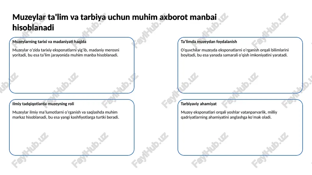ar madaniy merosni saqlash va targ‘ib qilishga yordam beradi madaniyatni saqlashning ahamiyati muzeylar turli madaniyatlar yodgorliklarini himoya qilib, ularni asrashga ko‘maklashadi hamda jahonga tanitadi. 11 kutubxona elektron kitoblar va resurslarni taqdim etishi mumkin elektron kutubxona imkoniyatlari elektron kutubxonalar turli formatlarda kitoblar, maqolalar va ilmiy-tadqiqot materiallarini taqdim etadi, ular internet orqali tezkor foydalanish imkoniyatini yaratadi. kutubxona elektron kitoblar va resurslarni taqdim etishi mumkin resurslarga kirish qulayligi foydalanuvchilar elektron resurslarga istalgan vaqtda va joyda kirish imkoniga ega, bu zamonaviy texnologiyalar orqali oson amalga oshiriladi. kutubxona elektron kitoblar va resurslarni taqdim etishi mumkin o‘qish va o‘rganishda yordam elektron kitoblar o‘qishning yangi usullarini taklif etib, bilim olish jarayonini tezlashtiradi, ko‘pchilik uchun qulaylik yaratadi. kutubxona elektron kitoblar va resurslarni taqdim etishi mumkin raqamli entiklopediya va ma'lumot bazalari kutubxonalar raqamli entiklopediyalar va boshqa ma'lumot bazalariga kirish taklif qiladi, bu ilmiy izlanishlar uchun katta yordamdir. 12 muzeyda interaktiv ko‘rgazmalar tashrif buyuruvchilarni jalb qiladi innovatsion texnologiyalar roli interaktiv …
