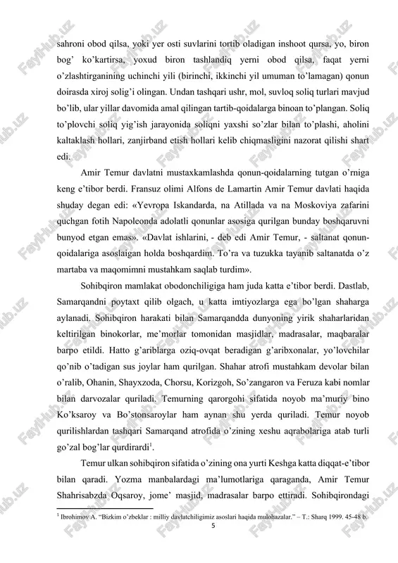 ga katta diqqat-e’tibor bilan qaradi. yozma manbalardagi ma’lumotlariga qaraganda, amir temur shahrisabzda oqsaroy, jome’ masjid, madrasalar barpo ettiradi. sohibqirondagi ulug’ sahovatning yana bir tomoni shunda ediki, u bepoyon dashtlar bilan qamrab olingan turkiston shahrini ham obodonchiligiga keng e’tibor berdi. jumladan, xoja axmad yassaviy maqbarasini qurish bilan bu yerda nafaqat obodonchilik, balki ko’chmanchi va o’troq aholi orasidagi munosabatni yaxshi yo’lga qo’yish, urug’lar o’rtasida tinchlik saqlash maqsadi yotgani ma’lum. amir temur davrida yangi shaharlar, savdo va hunarmandchilik keng rivojlanganligini aytib o’tmoq lozim. temurning sa’yi harakatlari bilan buxoro, shaxrisabz, toshkent kabi shaharlar savdo va hunarmandchilik markazlari sifatida rivojlanib bordi. ayniqsa, bu davrlarda hunarmandchilikning keng rivojlanishi shaxarlarda xunarmandchilik mahallalari, savdo rastalari soni ortib borganida katta ahamiyatga ega bo’ldi. sohibqiron savdo yo’llari rivojiga, uning tinchligiga keng e’tibor berib bordi. shaxsan o’zining nazorati ostida savdo yo’llari nazorat qilib borilishi savdo karvonlarining xavfsizligini ta’minladi. amir temurning siyosiy kurash maydoniga kirib kelishi. mo‘g‘ullar hukmronligi davrida xalq azob chekdi, …