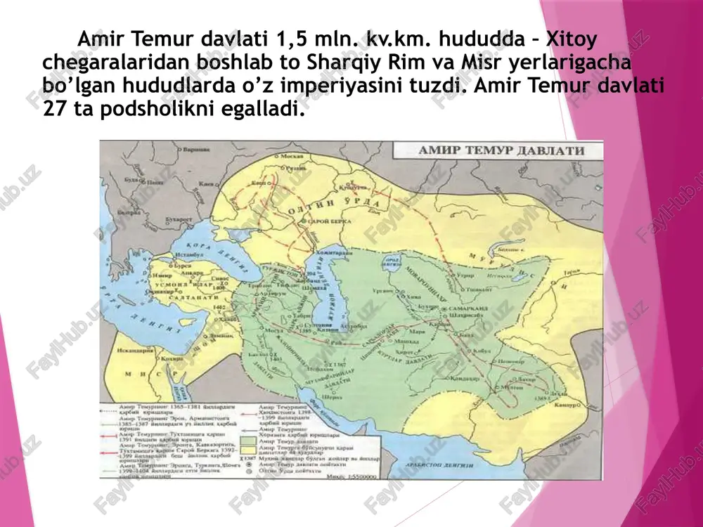 itib berdi. xilda xukxem o’z umrining butun ongli qismini o’rta osiyo tarixini, hususan amir temur tarixini o’rganishga bag’ishlab bu davrni “sharq renesansi” deb tan berdi. foydalanilgan adabiyotlar ro’yhati: 1. z.muqimov "o’zbekiston davlati va huquqi tarixi" samarqand, “zarafshon”. 1998 y. 2. x.boboev. a.temur va temuriylar saltanati. t., "kamalak", 1996 y. 294 bet 3. amir temur o’gitlari. t., 1992 y. 4. b.ahmedov. tarixdan saboqlar. “o’qituvchi” t., 1994 y. 5. a.sagdullaev va boshqalar. o’zbekiston tarixi: davlat va jamiyat taraqqiyoti. 1-qism “akademiya”. t., 2000 y. 6. “temur tuzuklari” “g’ofur g’ulom”. t., 1991 y. 7. h.b.boboev. o’zbek davlatchiligi tarixi.t.: - 2005 y. 8. m.hamidova. o’zbekiston davlati va huquqi tarixi".o’quv qo’llanmasi.t.tdyui –2005 y. 183 bet 9. m.hamidova. o`zbekiston davlati va huquqi tarixi. o’quv-uslubiy qo’llanma.t.tdyui. 2008 y. 112 bet audio1.wav image1.jpeg image2.jpeg image3.jpeg image4.jpeg image5.jpeg image6.jpeg image7.jpeg image8.png image9.jpeg image10.jpeg image11.jpeg image12.jpeg image13.jpeg image14.jpeg image15.jpeg image16.jpeg image17.jpeg image18.jpeg image19.jpeg image20.jpeg image21.jpeg image22.jpeg image23.jpeg image24.jpeg image25.jpeg image26.jpeg /docprops/thumbnail.jpeg