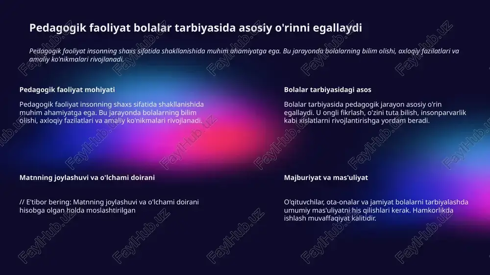 moslashtirilgan 11 pedagogik faoliyat jamiyatda o'zaro hurmatni rivojlantiradi hurmatni shakllantirish ta’lim jarayonida insonlarning turli fikrlari va qadriyatlarini e’tiborga olish, hurmat prinsipini rivojlantirishga xizmat qiladi. o‘zaro aloqalarni mustahkamlash pedagoglarning o‘rnak bo‘lishi jamiyatda o‘zaro muloqot va samimiylikni oshiradi, bu esa ijobiy munosabatlarni kuchaytiradi. jamiyatda uyg‘unlik yaratish pedagogik faoliyat yordamida insonlar orasida hamkorlik va tinchlikni ta’minlash orqali umumiy uyg‘unlikka erishiladi. 12 ijtimoiy adolat tushunchasi ijtimoiy adolat jamiyatdagi tenglik va hurmatga asoslangan tartib bo'lib, unda har kimga teng imkoniyatlar yaratiladi. ushbu tamoyil xalqlarning tinchlik va barqarorligini mustahkamlaydi. o'qituvchilar jamiyatda ijtimoiy adolatni targ'ib qiladi o'qituvchining roli o'qituvchilar o'quvchilarga ijtimoiy adolat asoslarini o'rgatadi. ushbu tamoyilni amaliyotga tatbiq etish orqali tenglik va haqiqat bo'yicha bilinchnani oshiradilar. ta'lim va tenglik ta'lim jarayoni orqali yosh avlod ijtimoiy adolatga hurmat qilishga o'rganadi. turli madaniyat va shaxsiyati bor insonlar o'rtasida hamjihatlikni shakllantiradi. 13 ijtimoiy pedagogik faoliyat jamiyatda ma'naviy qadriyatlarni rivojlantiradi ijtimoiy pedagogik faoliyat jamiyatda shaxs ma'naviyatini shakllantirishda muhimdir. bu jarayon, yoshlarga …