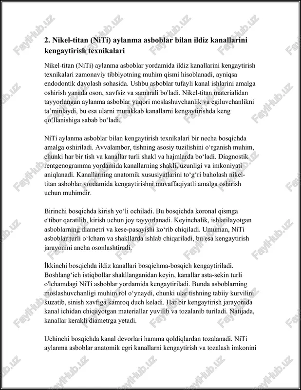 dan boshlanadi, undan so‘ng kichrayib boradi. bu usulda birinchi bo‘lib ko‘pincha haydov-fayllar ishlatiladi, chunki ular katta miqdordagi to‘qima olib tashlashga mo‘ljallangan bo‘ladi. crown‑down strategiyasida fayllar kuchi va aniqligi muhimdir, chunki bu usulning asosiy afzalliklaridan biri – kanalda fayllarning bursalarini kamaytirish hisoblanadi. fayllardagi bursalarni kamaytirish – to‘qimaning artaqolib ketishini oldini oladi va tayyorlash jarayonini osonlashtiradi. ushbu usulni qo‘llash orqali anchagina to‘g‘ri kanal shakli olinishi mumkin, shu bilan birga protsedura vaqtida instrumentning tug‘ma stressini kamaytiradi. step‑back usuli esa ildiz kanalining apikal qismini dastlabki bosqichda katta fayllar yordamida kengaytiradi. so‘ngra esa ortga qaytilib, aniq bir tartibda o‘lchovni kamaytiradi. bu usulda, asosan, kanalning asosi kengaytiriladi va bu faoliyat kanalda yaxshi drenajni ta’minlaydi. ushbu usulda instrumentlar apiksdan koronkalik yo‘nalishda ishlatiladi, bu esa ko‘proq nazoratni ta’minlaydi va instrumentning burulilish xavfini kamaytiradi. step‑back usuli o‘zining yana bir muhim afzalligi bilan bu – kanalda tabiiy kavisni saqlashdir. chunki apikal tayyorlash vaqtida, bu yondashuv orqali tabiiy shaklga moslashish olinishi …